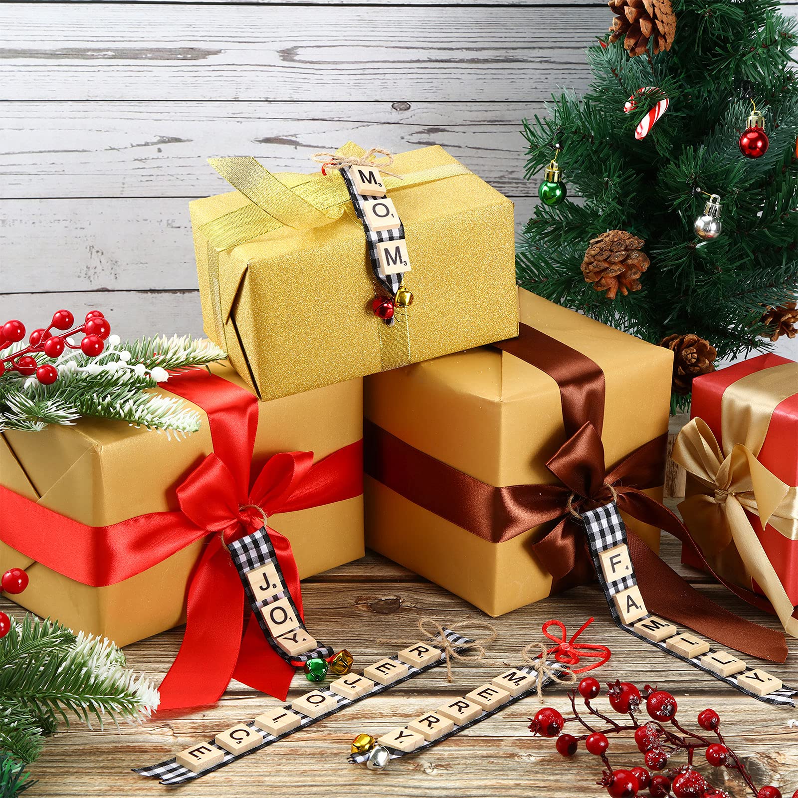 Christmas Ornaments Tree Decorations Personalized Wooden Letter Tiles DIY Crafts Capital Letter Tiles Ribbon Bells for Tree Deco