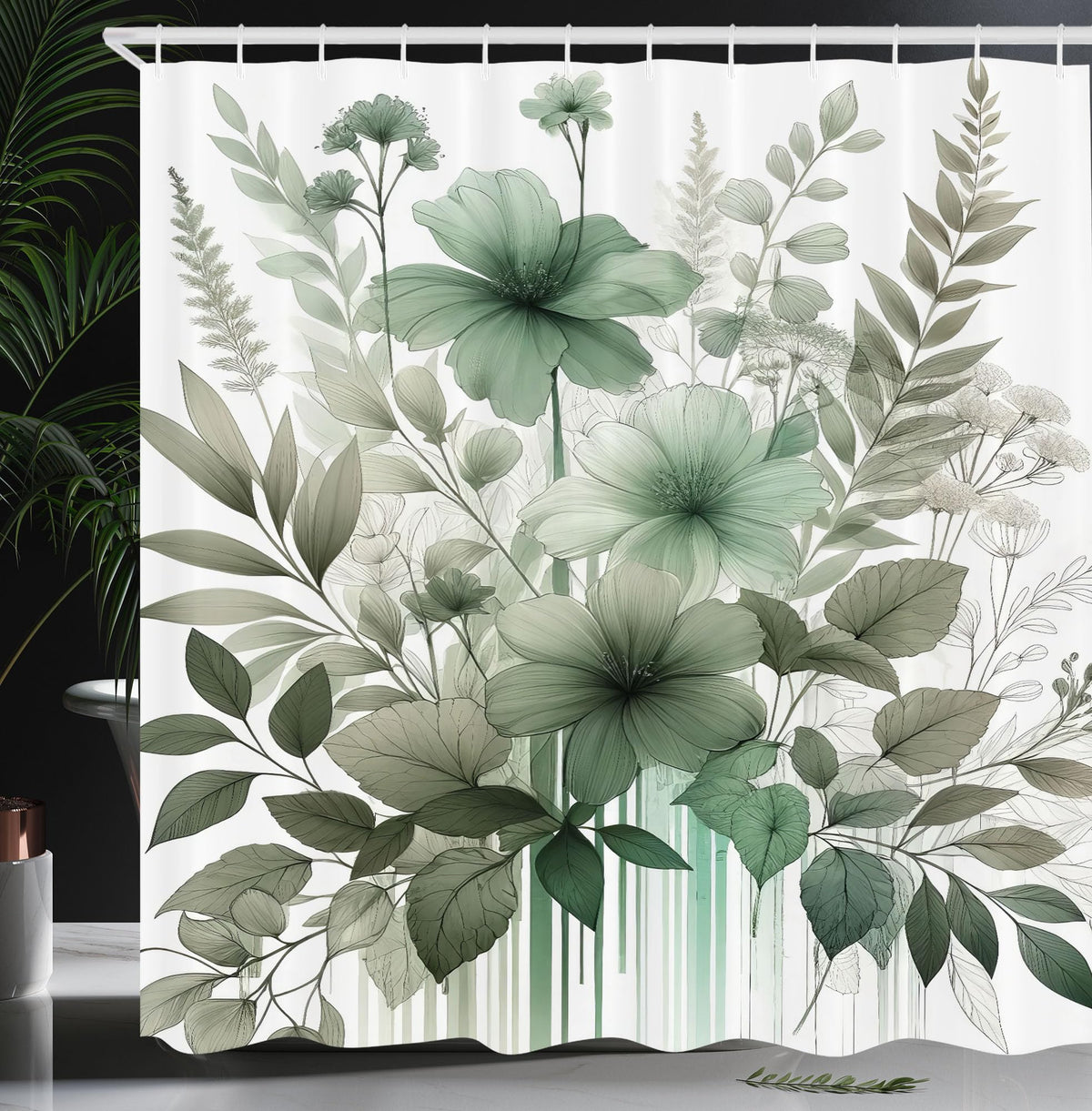 Ambesonne Sage Green Shower Curtain, Nostalgia Tones Delicate Petal Flowers Jumble And Leaves With Stripes, Cloth Fabric Bathroo