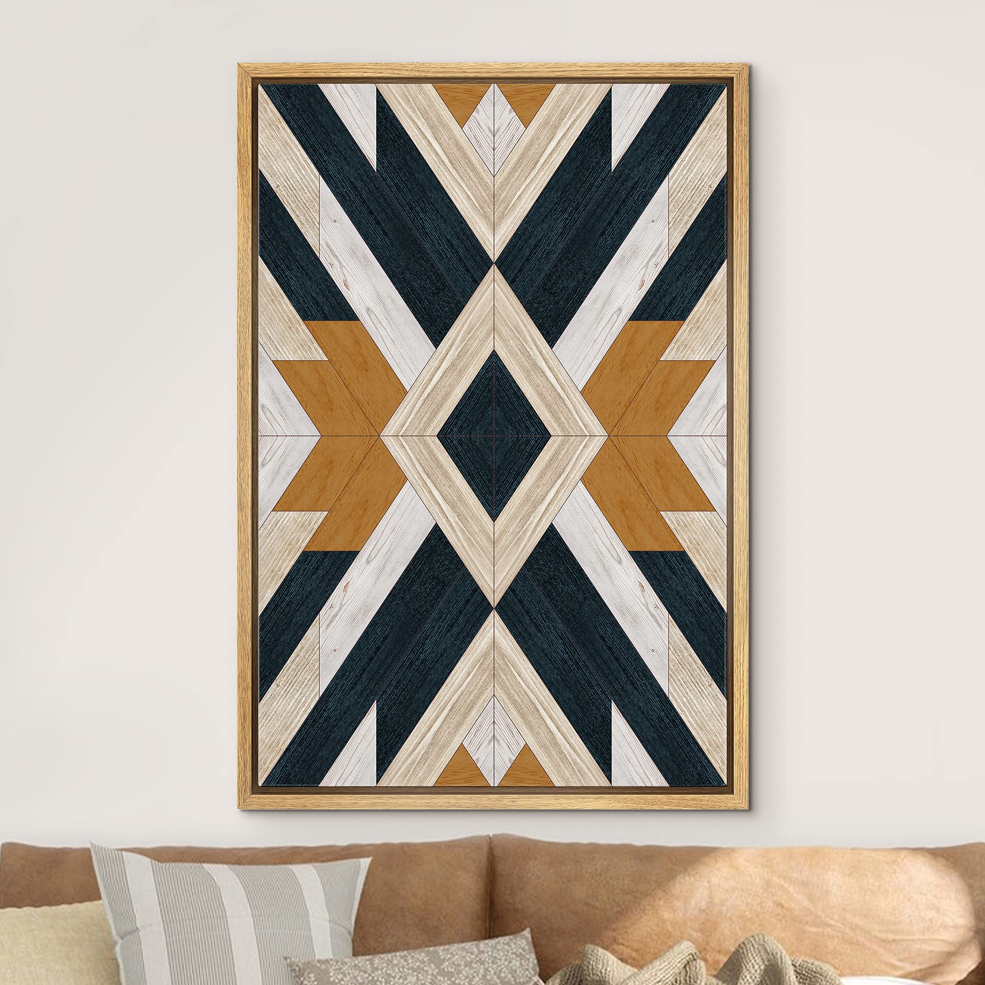 Idea4Wall Framed Canvas Print Wall Art Western Decor Black, White & Brown Diamond Insignia Abstract Shapes Wood Panels Modern Ar