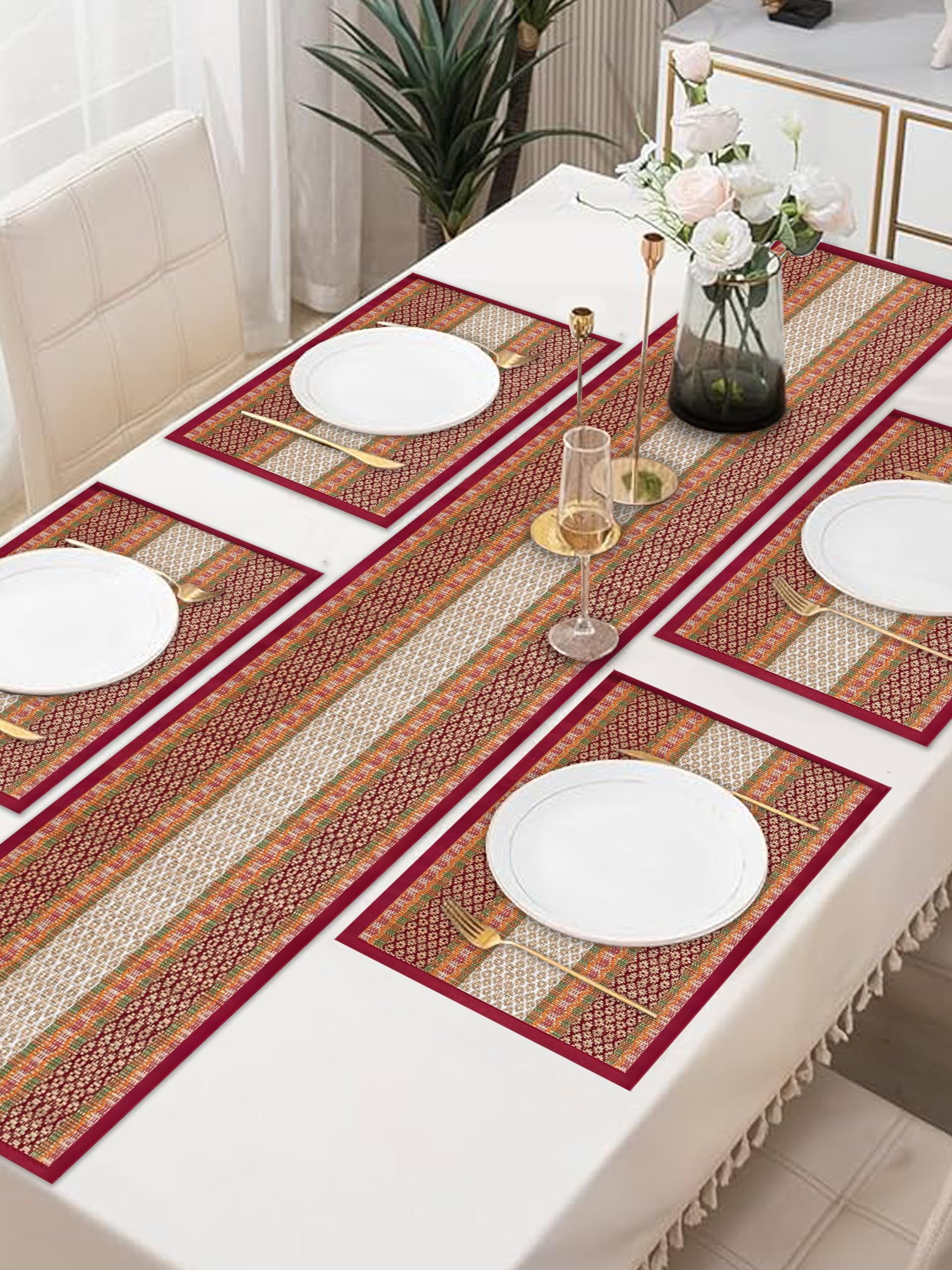KalaTree Table Runner for 4 Seater Dining Table with mats Handmade Reversible Heat Resistant | River Grass Placemats Zero Plasti