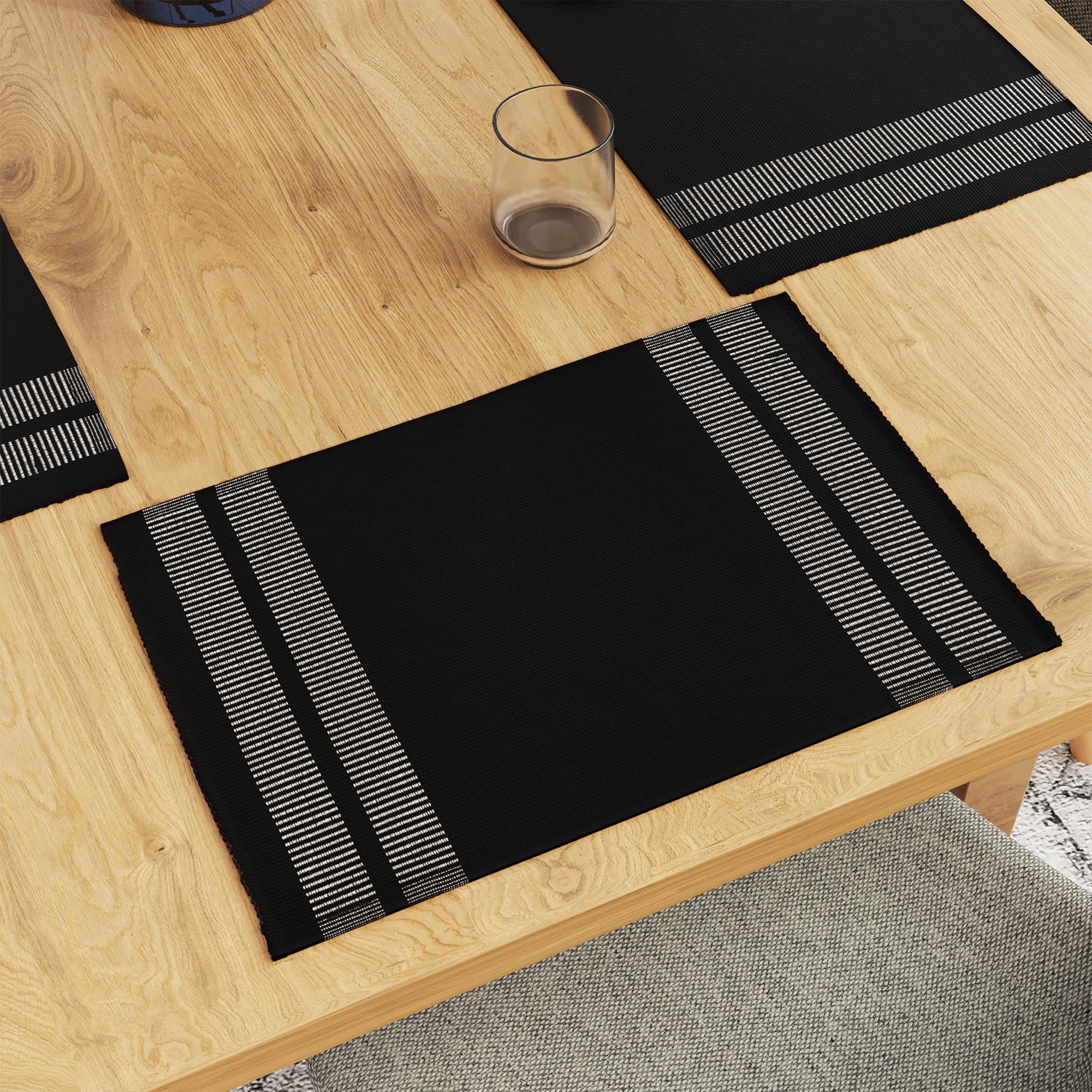 Encasa Xo Dining Placemat Set Of 6 | Ladder Black Color | Fine Ribbed Cotton Table Mat | Size 18X13 In | Machine Washable