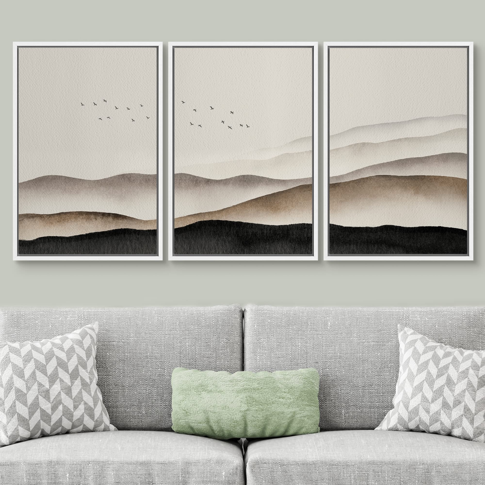 Signwin Framed Canvas Print Wall Art Set Brown Watercolor Misty Mountain Sky Nature Wilderness Illustrations Modern Art Decorati
