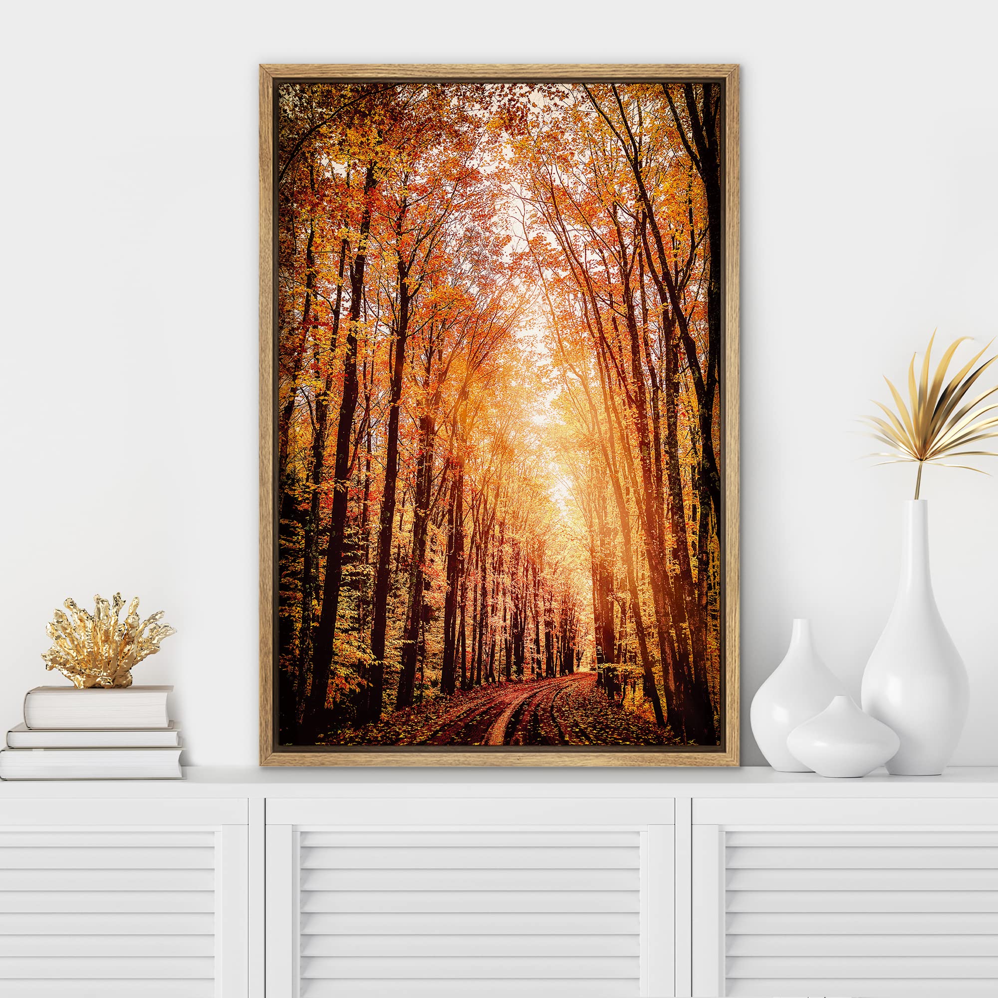 Signwin Framed Canvas Print Wall Art Rustic Trail Red Autumn Forest Nature Wilderness Modern Art Farmhouse/Country Landscape Col