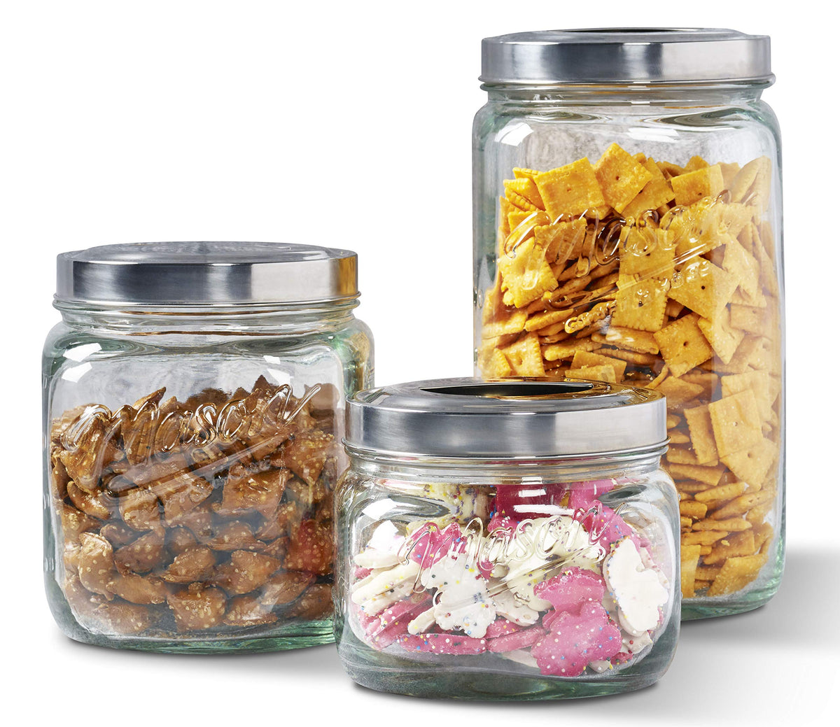 Mason Craft & More Airtight Kitchen Food Storage Clear Glass Pop Up Lid Canister, 3 Piece Pop Up Graduated Canister Set (1.6L, 2