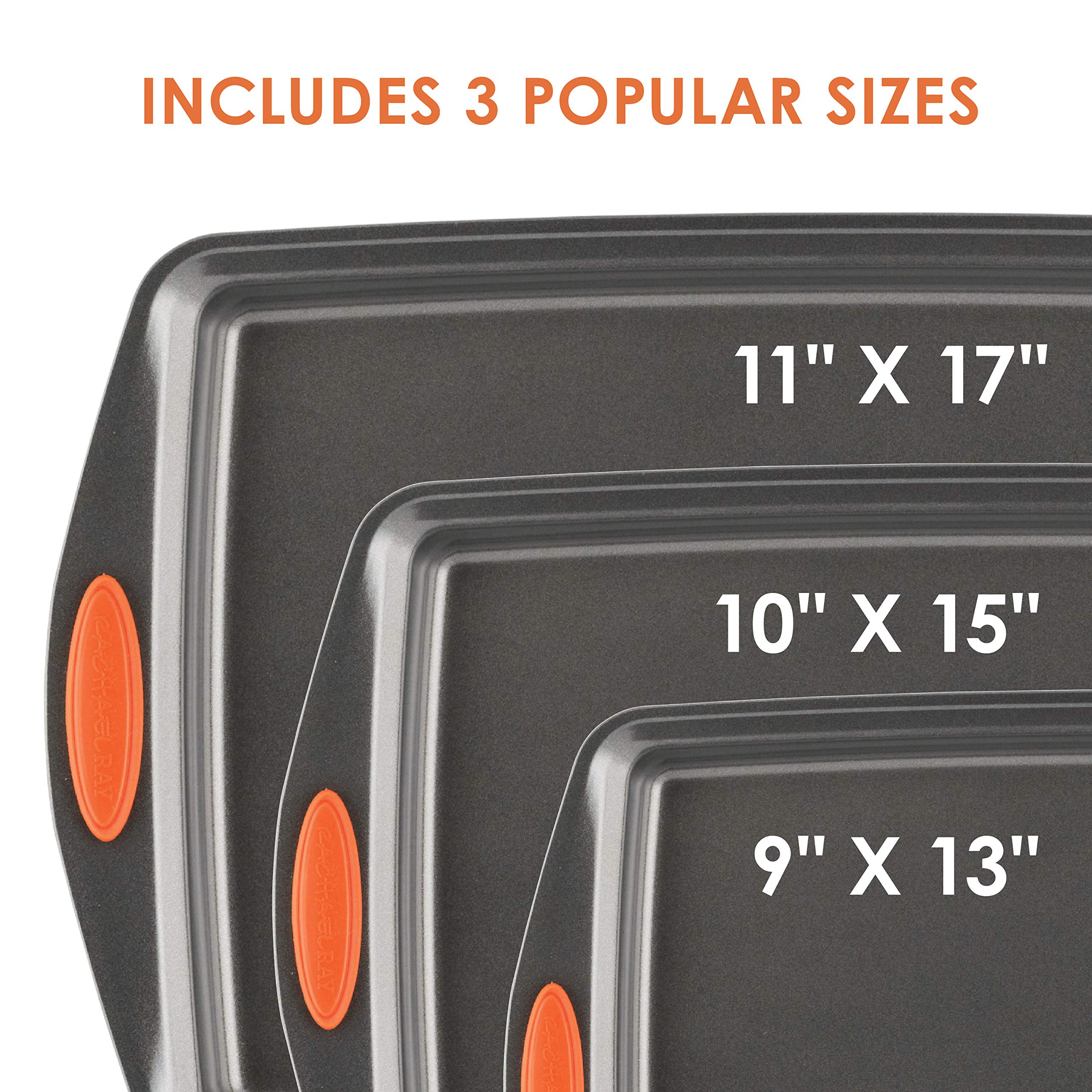 Rachael Ray Nonstick Bakeware Set With Grips, Nonstick Cookie Sheets / Baking Sheets - 3 Piece, Gray With Orange Grips
