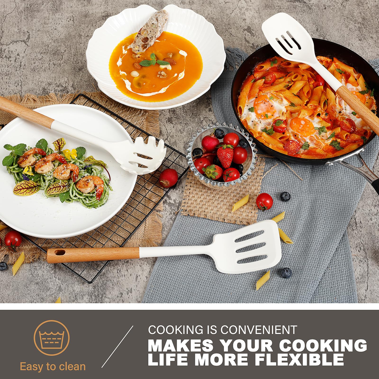 Qmvess Large Silicone Cooking Utensils Set 7 Pcs Heat Resistant Kitchen Utensils Set Food Grade Silicone And Wooden Handles Spat