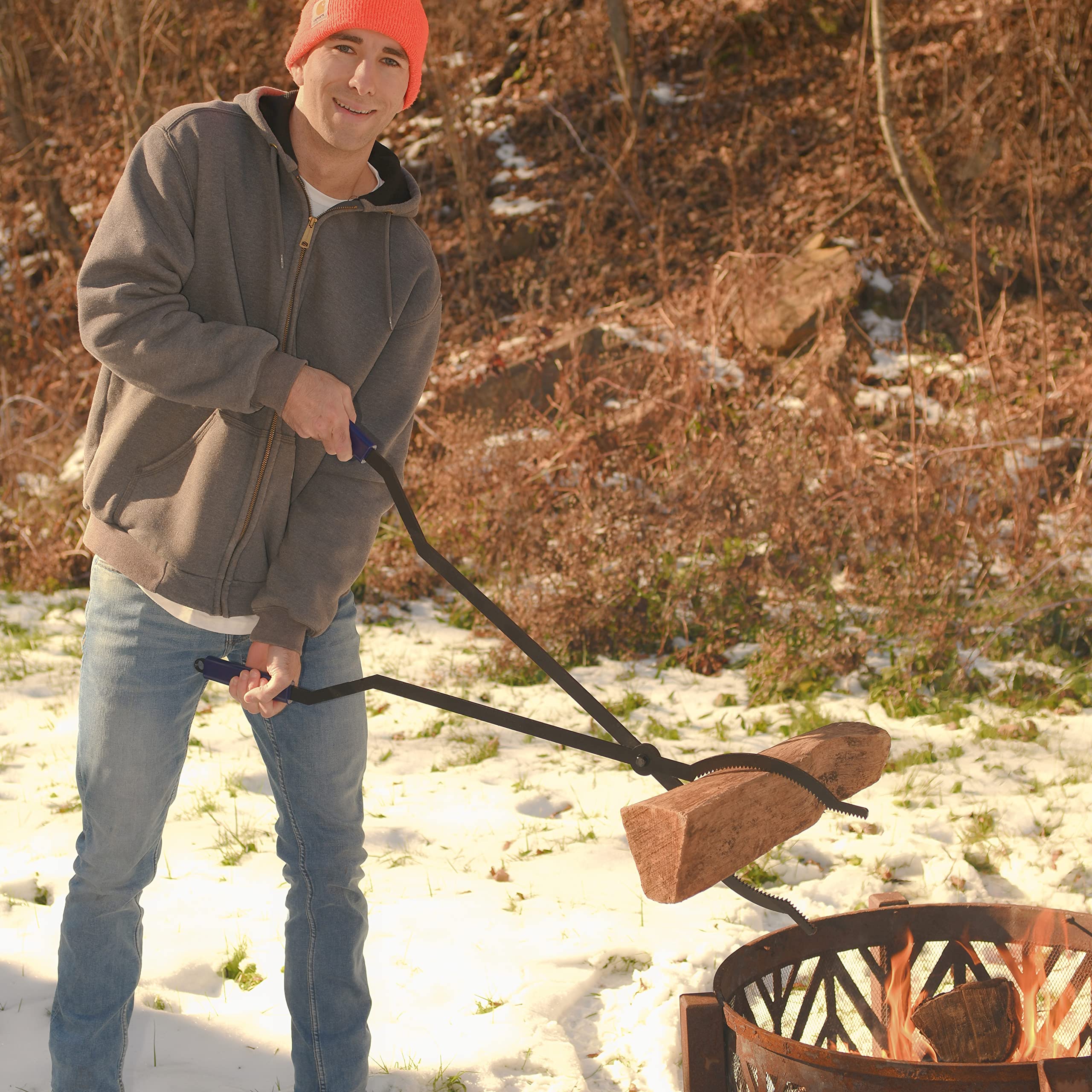 40'' Heavy Duty Fire Tongs Firewood Grabber Tool With Scissor Shape Serrated, Log Claw Tongs For Bonfire Campfire Fire Pit Outdo