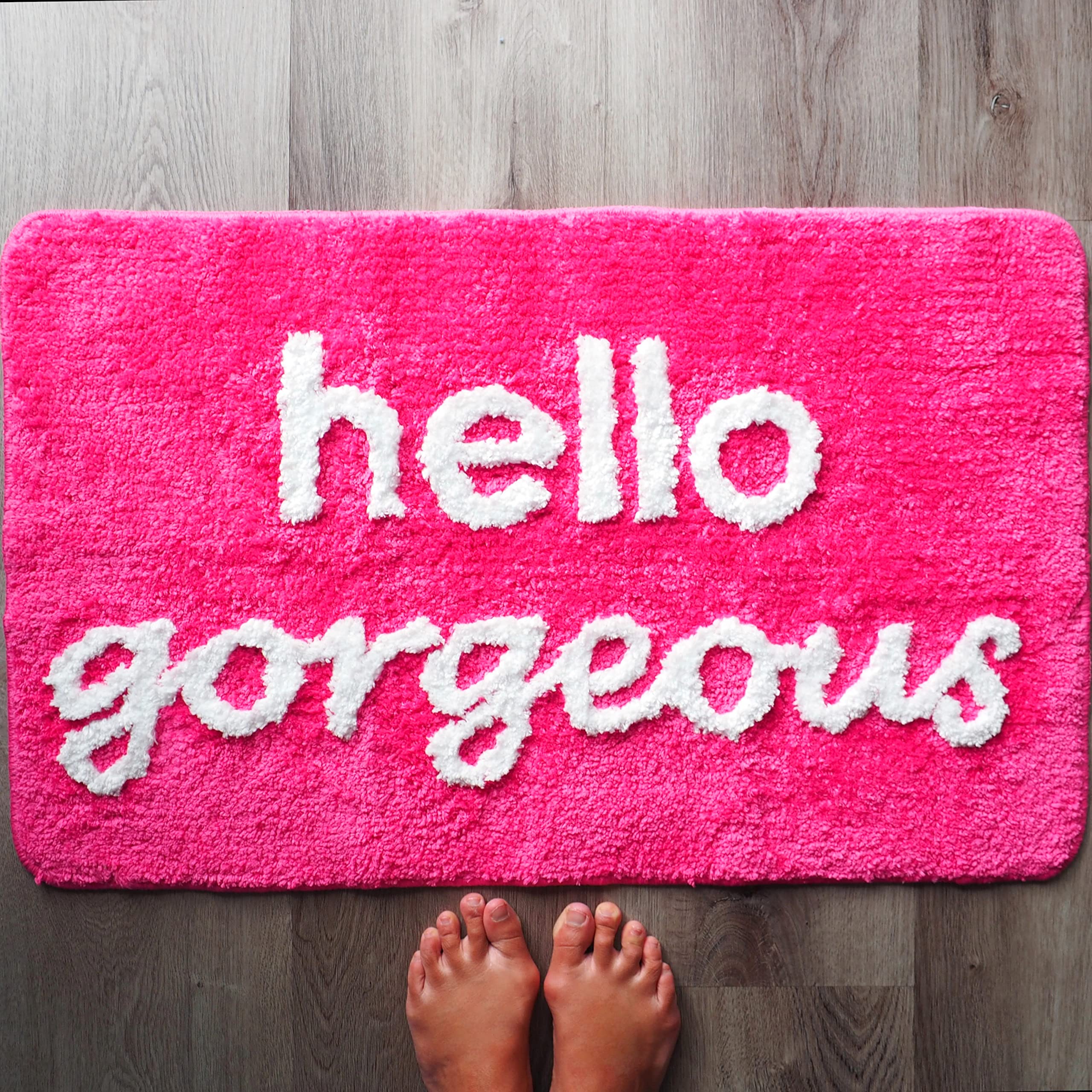 Hello Gorgeous Bath Mat Hot Pink Dark Magenta Fuchsia Blush Peach Coral Cute Beautiful Bathroom Rugs For Girls You Look Good Gor
