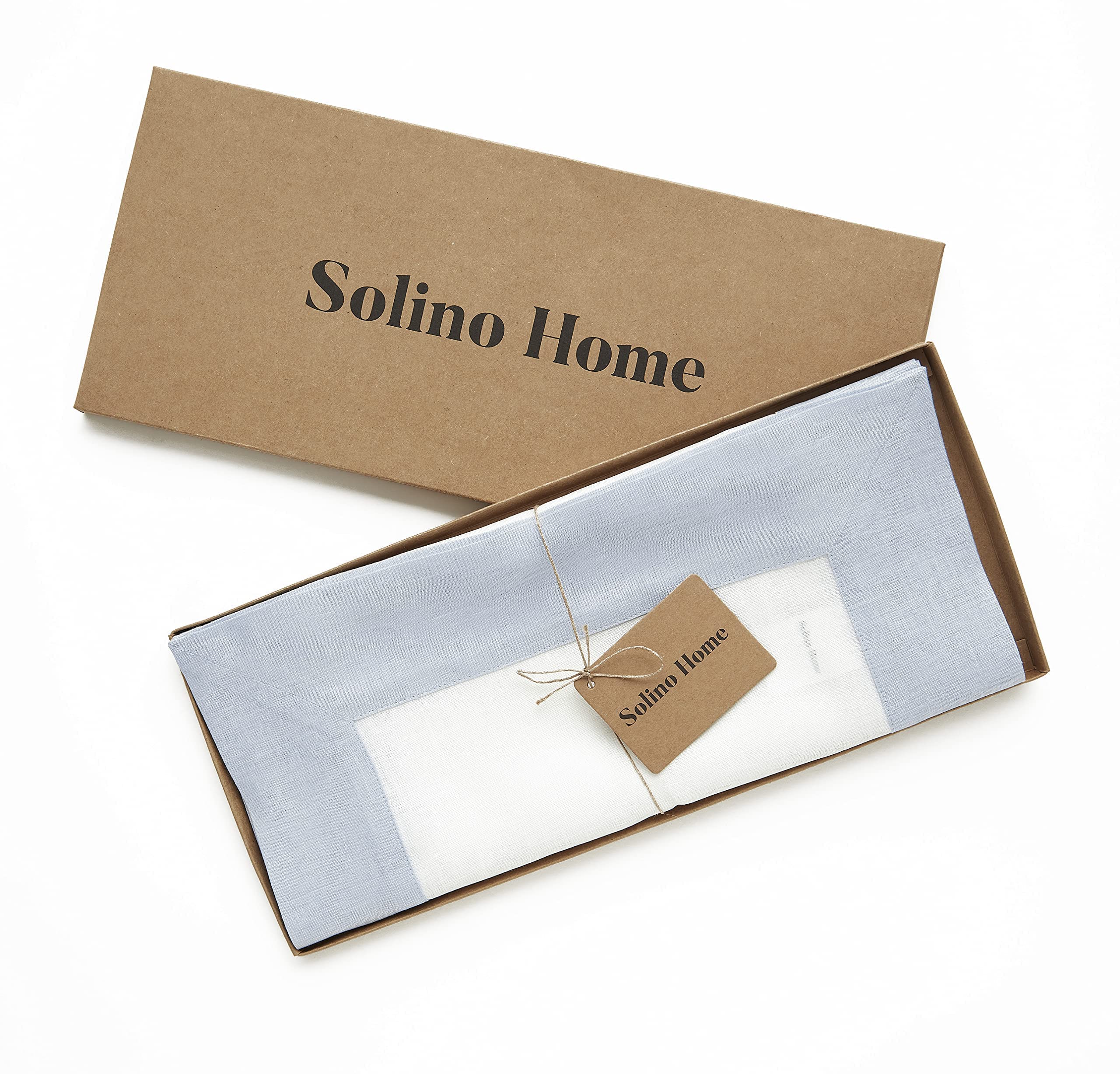 Solino Home Linen Table Runner 36 Inch - Contempo, 100% Pure Linen Light Blue And White Short Table Runner 14 X 36 Inch Ideal Fo