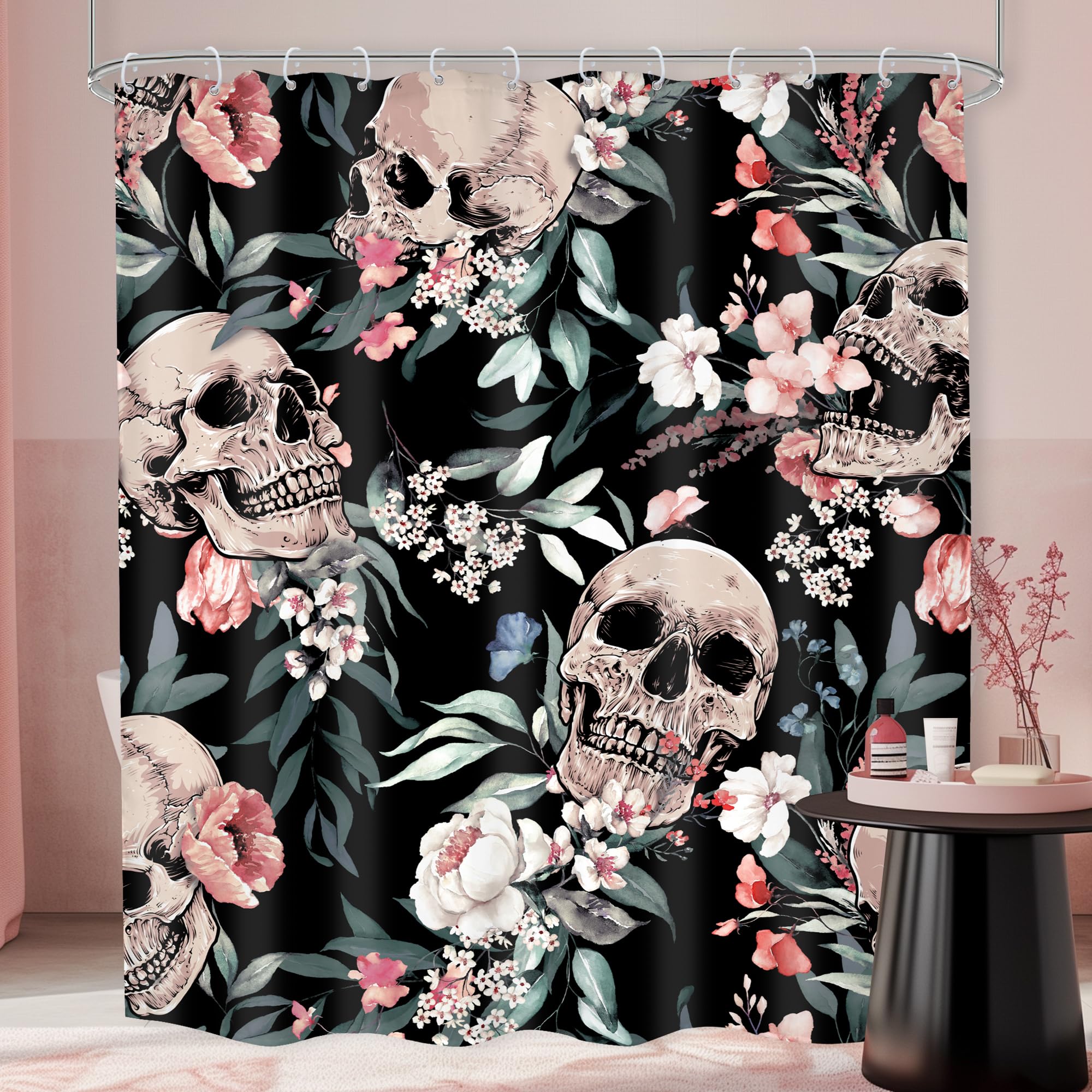 Mitpok Gothic Sugar Skull Shower Curtain 60Wx72H Skeleton Goth Retro Spooky Pink Flower Floral Halloween Plant Leaves Botanical