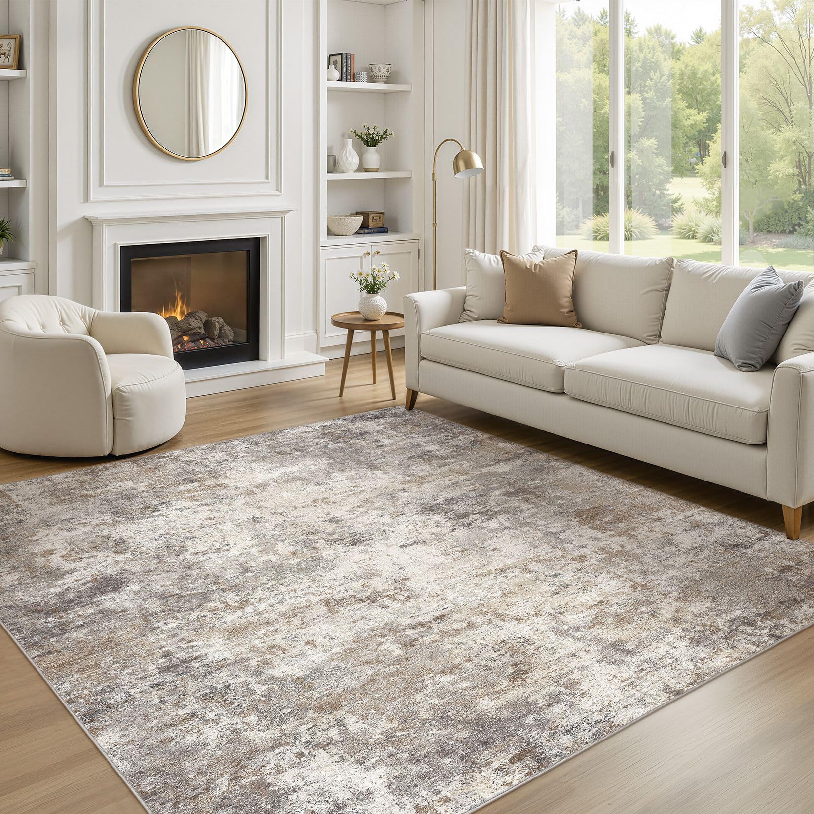 UERMEI Square Area Rugs : Washable 6x6 Neutral Modern Abstract Carpet for Living Room Bedroom - Soft Floor Mat with Non Slip Bac