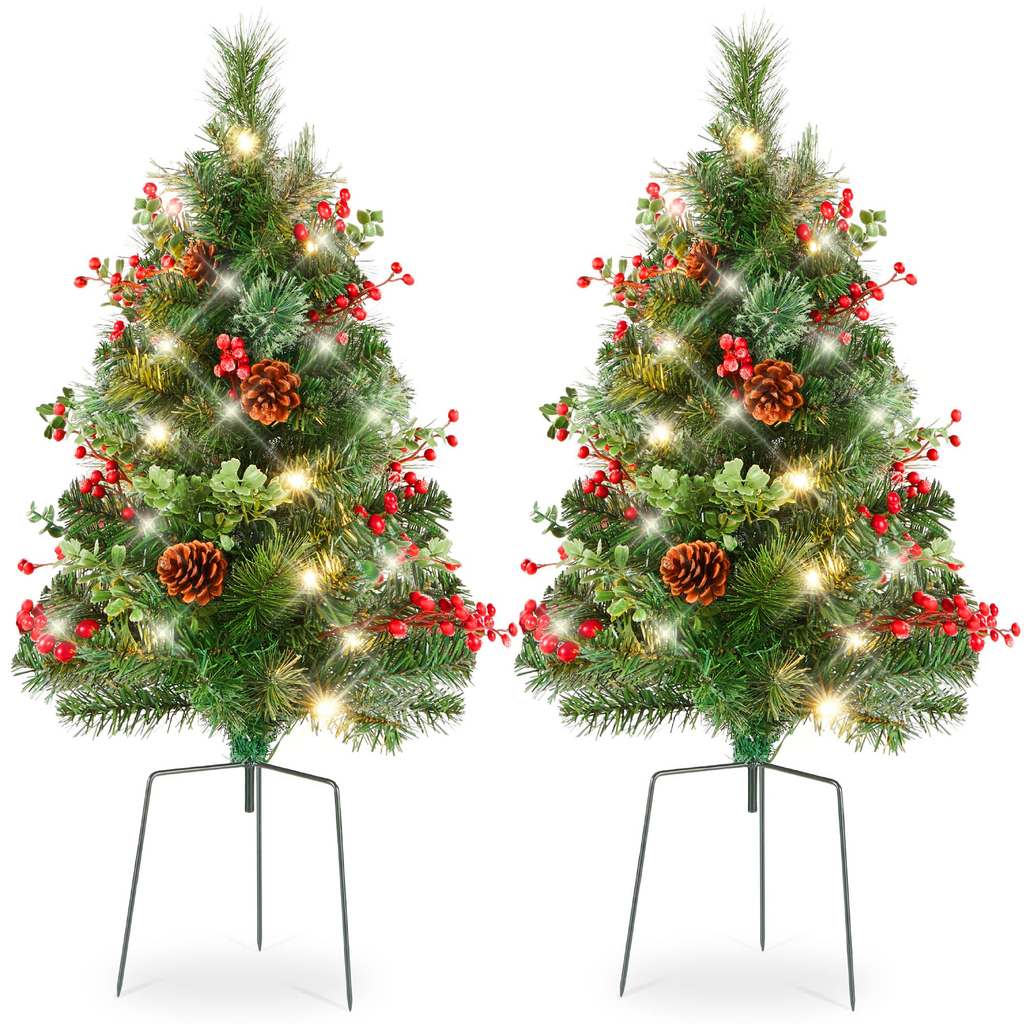 Best Choice Products Set of 2 24.5in Outdoor Pathway Christmas Trees, Battery Operated Pre-Lit Holiday D  cor w/LED Lights, Red 