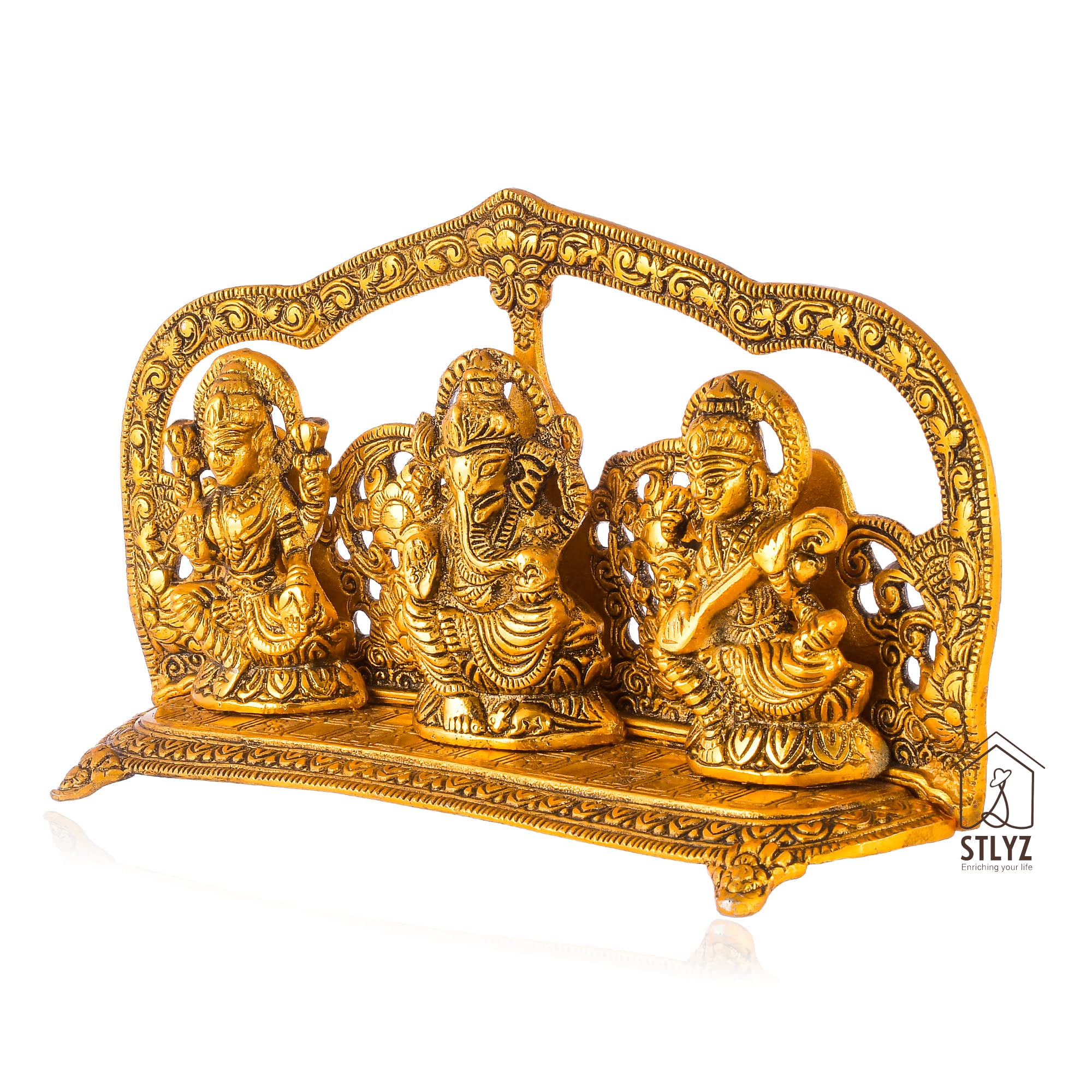Stlyz Brass Laxmi Ganesh Saraswati Idol Statue Showpiece For Home Decor, Decorative Ganpati Laxmi Saraswati Ji Statue Murti Figu