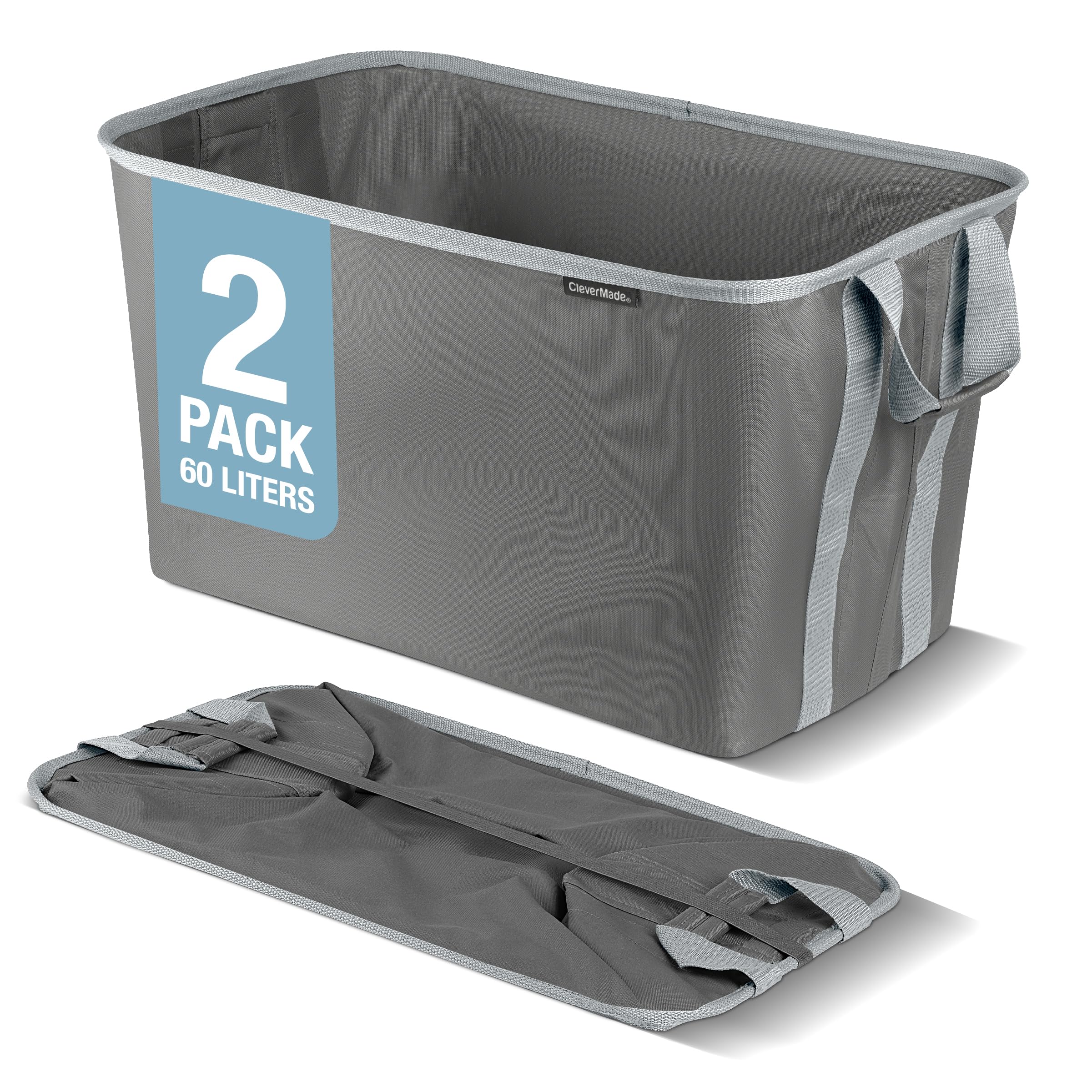 Clevermade Collapsible Laundry Baskets, Shadow Gray/Stone Gray 2Pk - 60L (16 Gal) Foldable Laundry Basket With Sturdy Pop-Up Wir