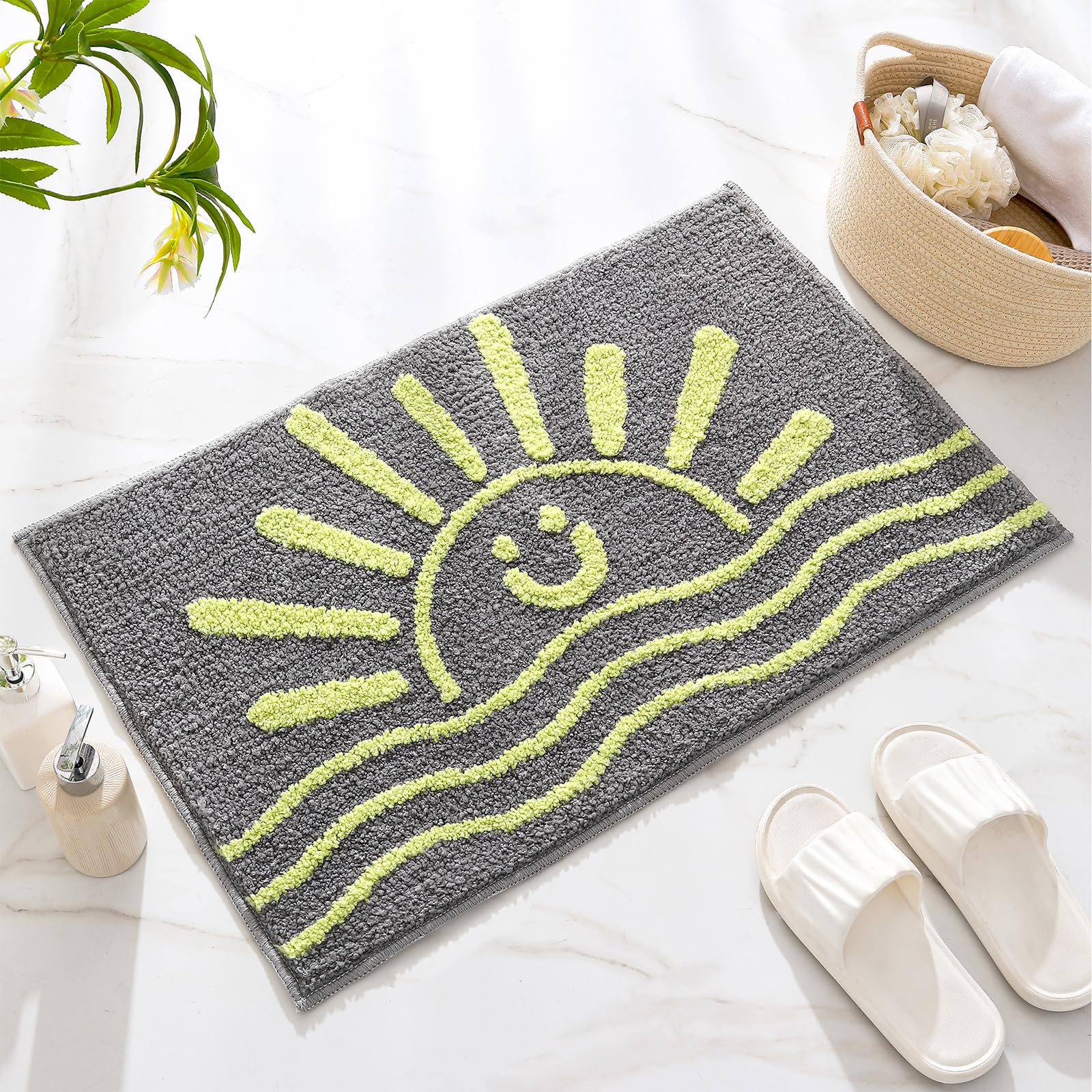 Bathroom Rugs Mat Rectangle 32''  20'' - Cute Sun Smile Fun Grey Green Yellow Boho Bath Mats Non Slip, Soft Absorbent Microfiber