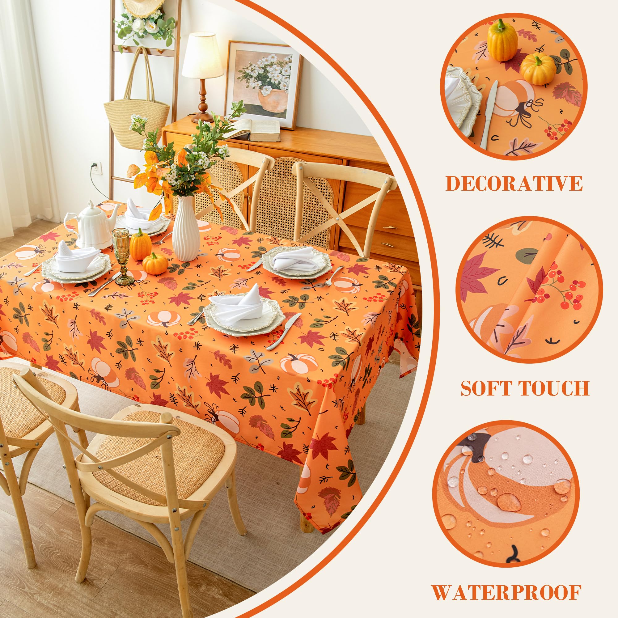 LOSIVISHE Thanksgiving Waterproof Tablecloth - Fall Harvest Pumpkins, Maple Leaves & Berries Print - Autumn Rectangle Table Cove