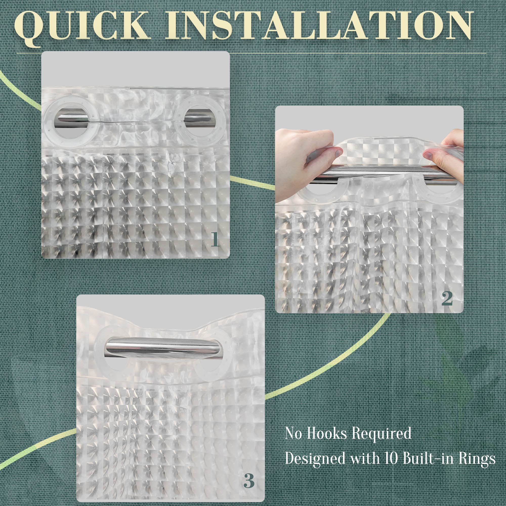 ABLUEN No Hook Shower Curtain or Liner - 8G Heavy Duty Grid Bathroom Shower Curtain No Hooks Required  Waterproof Plastic & PVC Free  Standard Size 71 x 74  Square