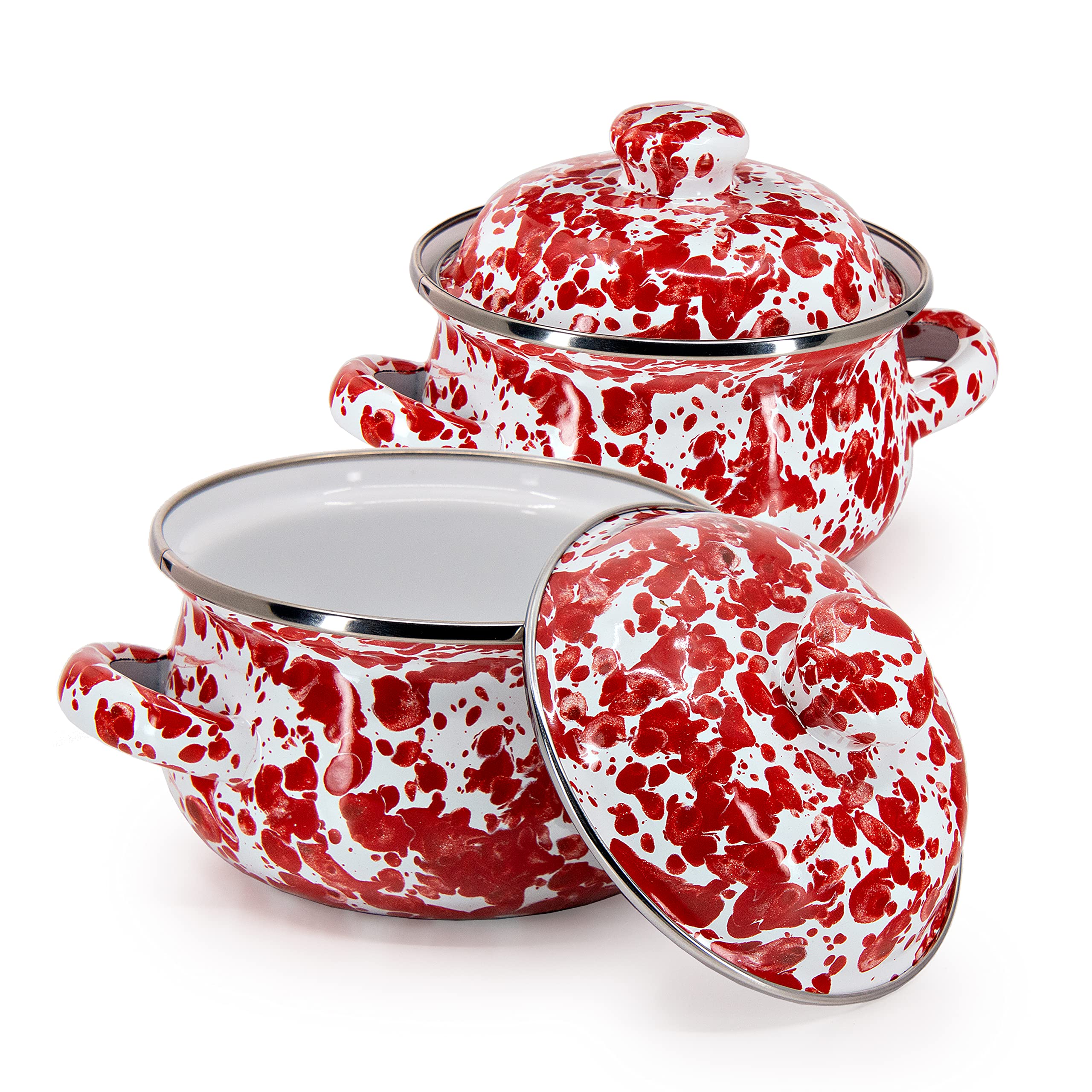 Golden Rabbit Enamelware Petite Tureens Pots, 16 ounce, Red Swirl, Set of 2
