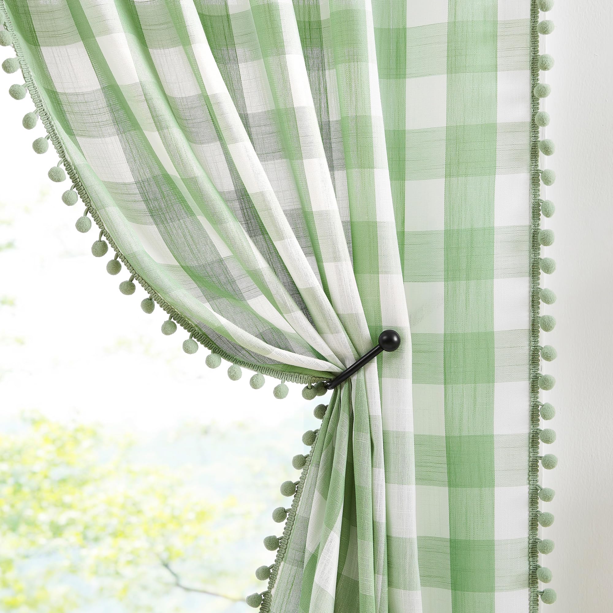 Buffalo Check Curtains 84inch Farmhouse Pom Pom Curtain Drapes for Living Room Vintage Gingham Plaid Semi Sheer Green Window Cur