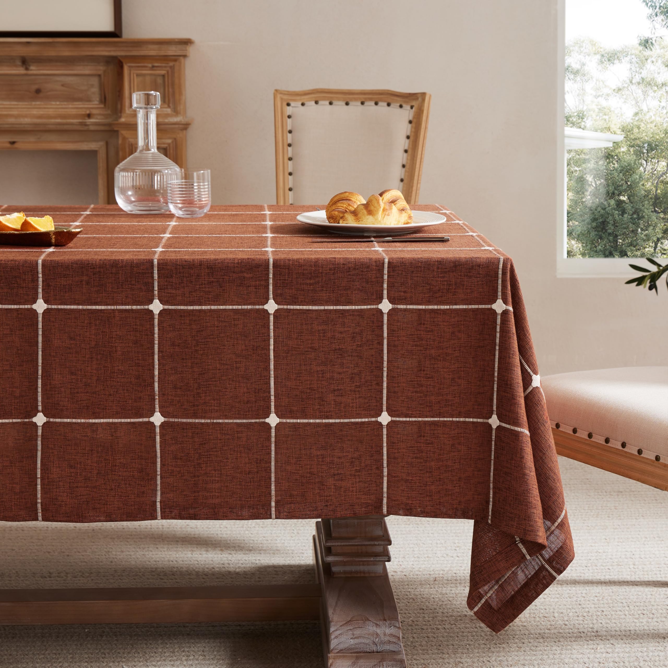 ZeeMart Grid Embroidered Hemmed Tablecloths, Terracota 60x120 Inch, Farmhouse Style Heavy Weight Cotton Linen Rust Tablecloths, 
