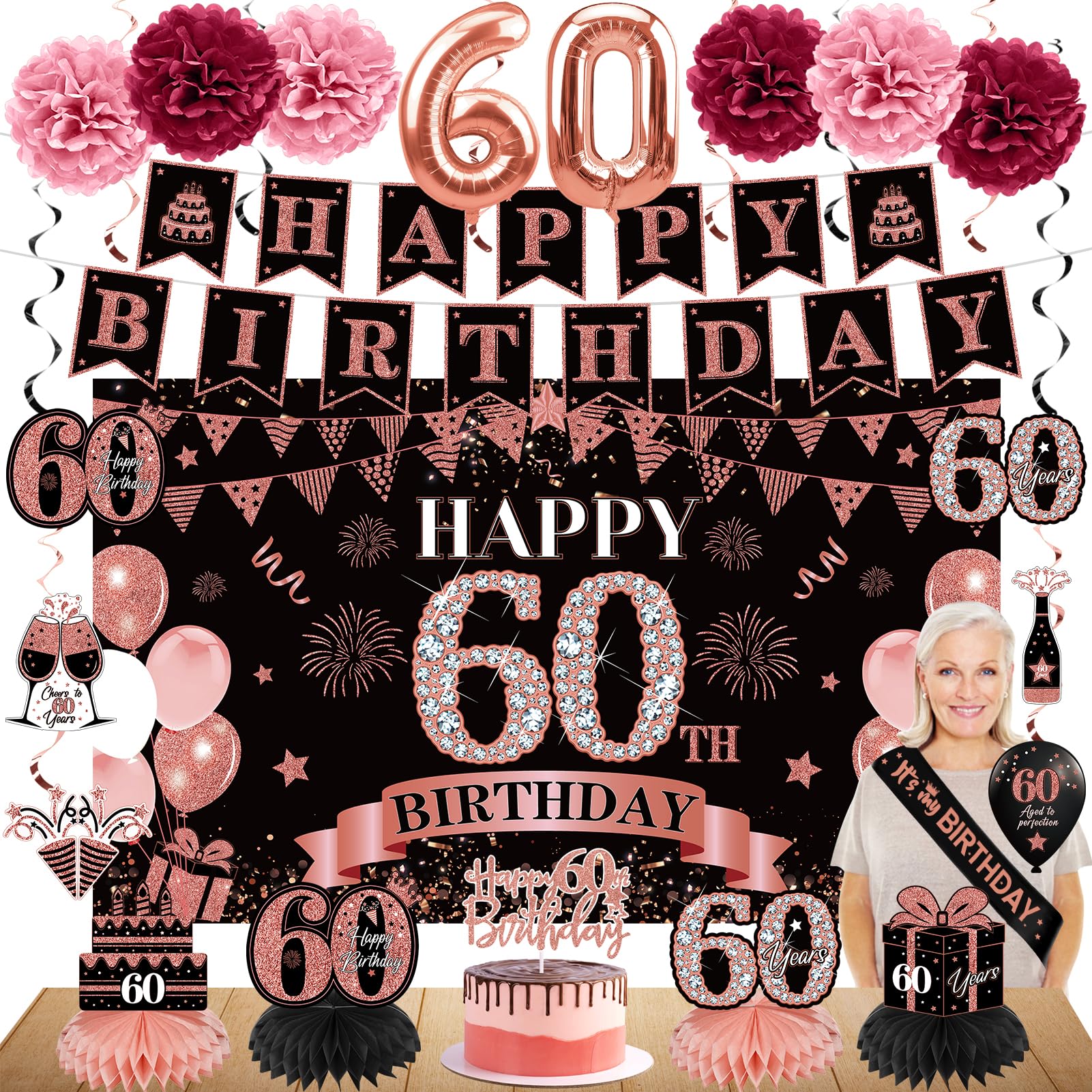 Eucutur 42Pcs 60Th Birthday Decoration Kit For Women, Rose Gold Happy 60Th Bday Banner Balloons Honeycomb Centerpiece Swirl Pape