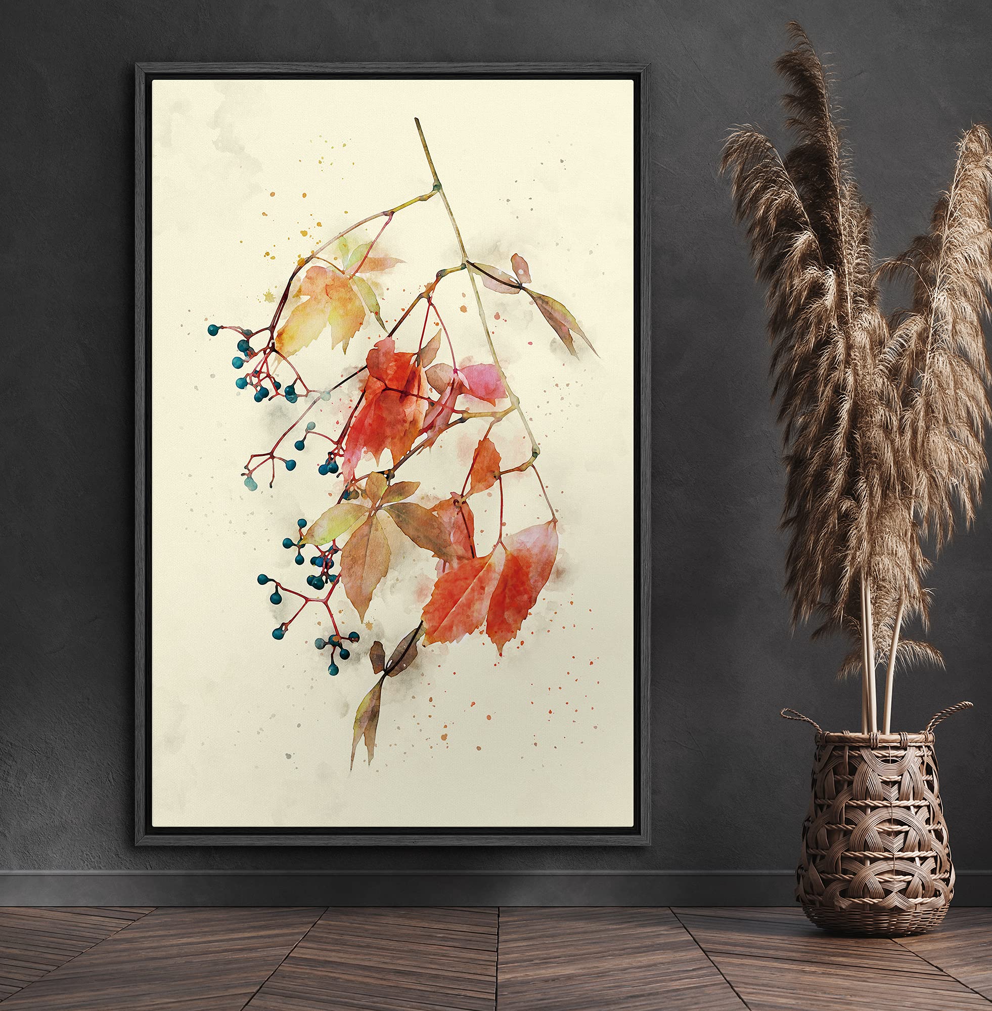 Signford Framed Canvas Print Wall Art Watercolor Orange Leaves Nature Wilderness Illustrations Modern Art Contemporary Multicolo
