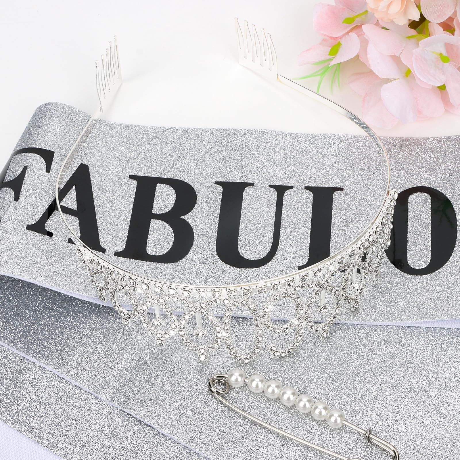 Casoty 60Th Birthday Sash And Tiara For Women, 60Th Birthday Decorations Women, Silver 60Th Crown And ''60 & Fabulous'' Sash Set
