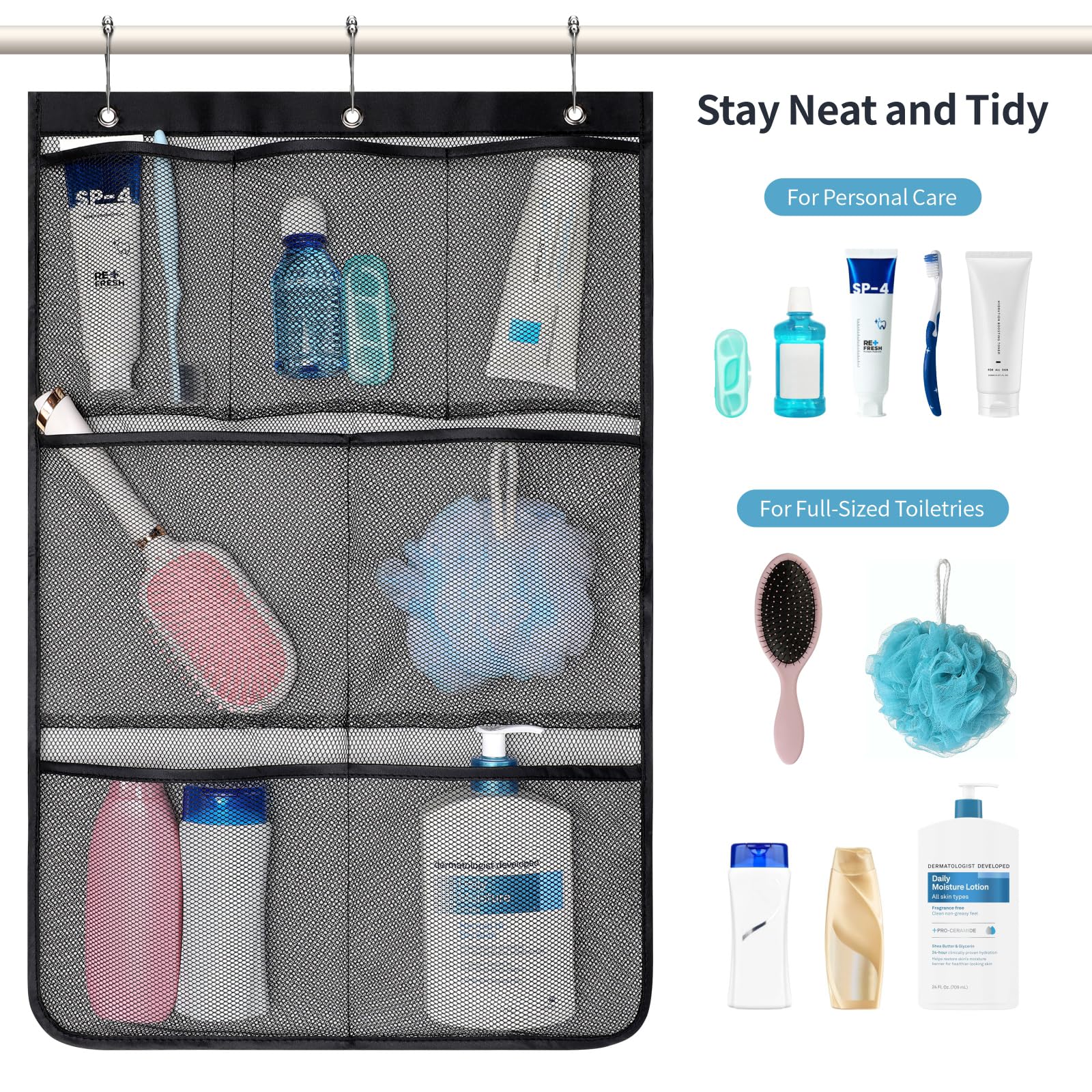 F-Color Shower Organizer For Cruise Ship Essentials - Quick Dry Mesh Shower Caddy Hanging, 7 Pockets Bathroom Organizer Bag Tote