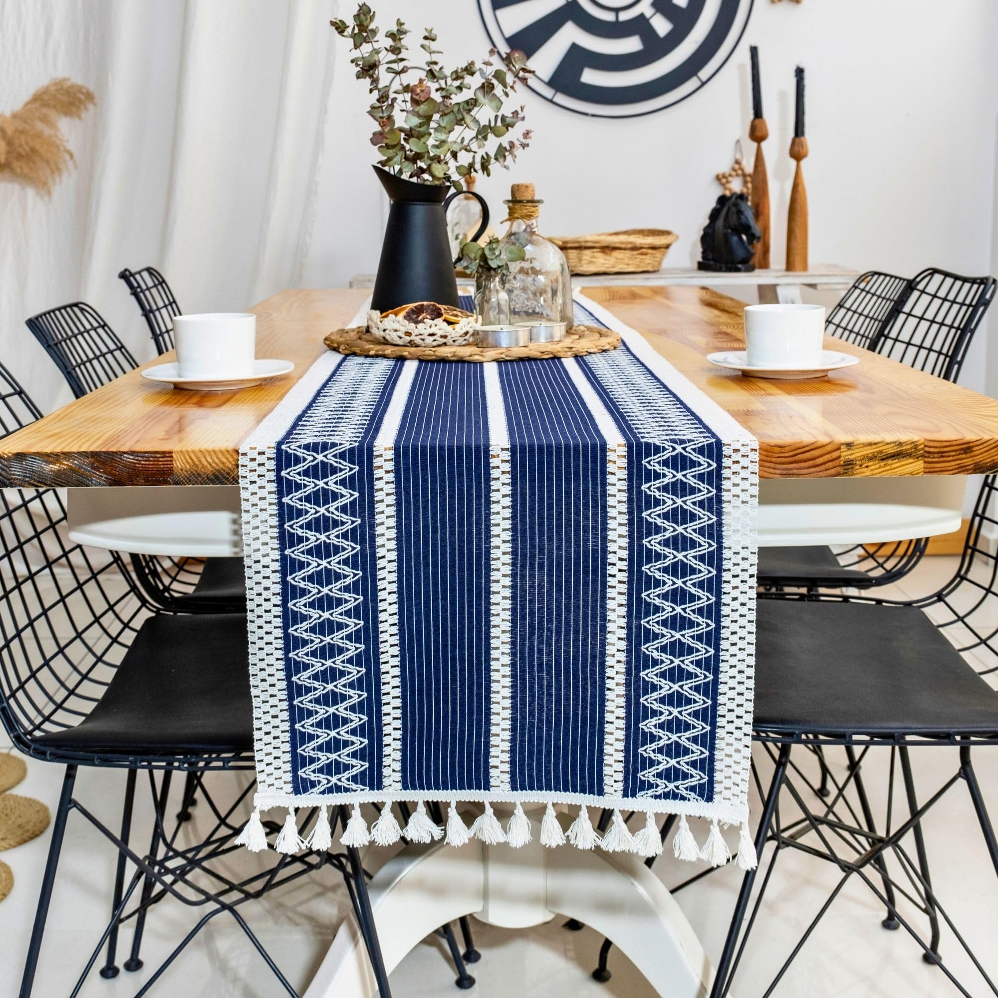 Boho Blue Table Runner 60 Inches Long, Farmhouse Rustic Table Runner Cream & Blue Macrame Table Runner With Tassel - Fall Decora