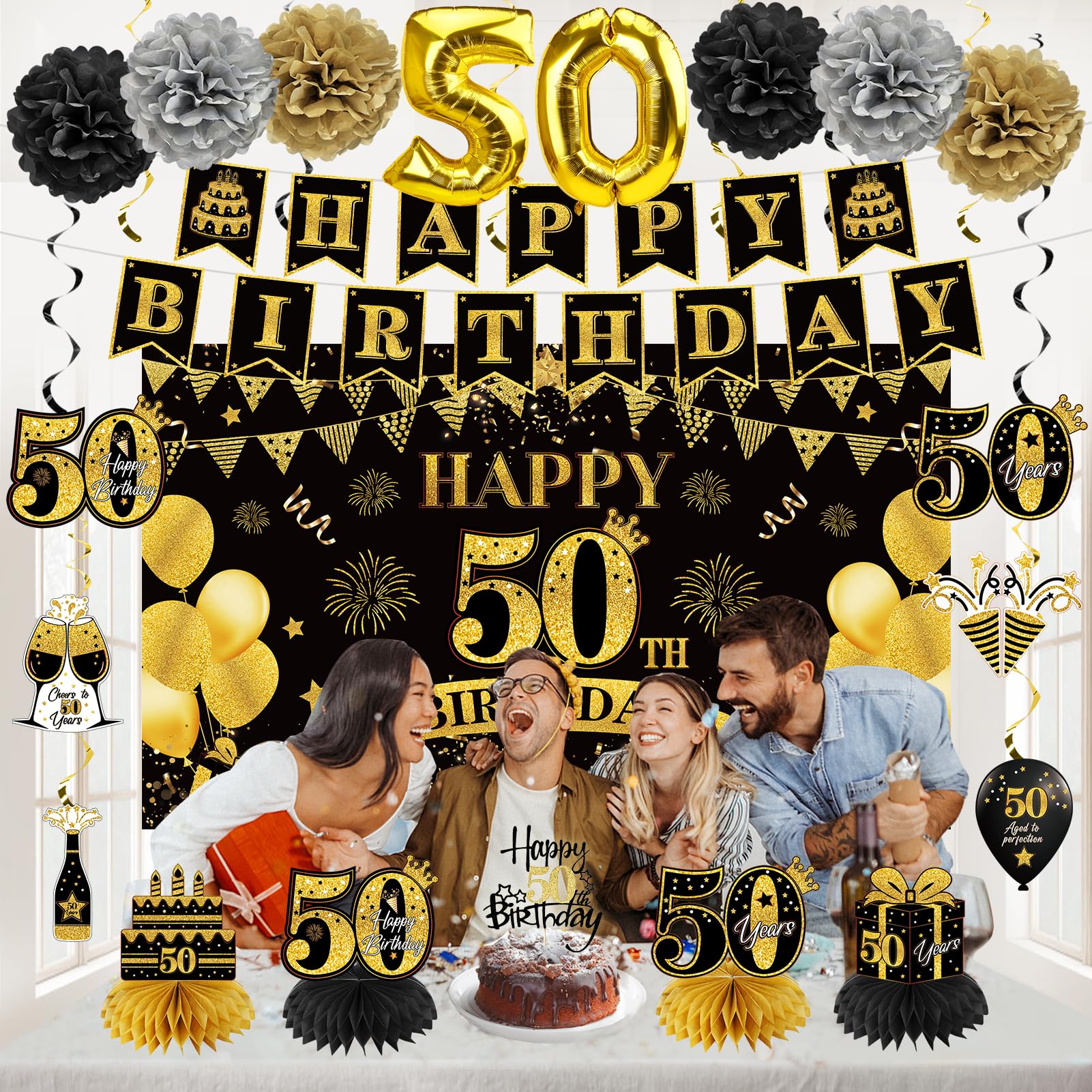 Eucutur 42Pcs 50Th Birthday Decoration Kit For Men Women, Black Gold Happy 50Th Bday Banner Balloons Honeycomb Centerpiece Swirl