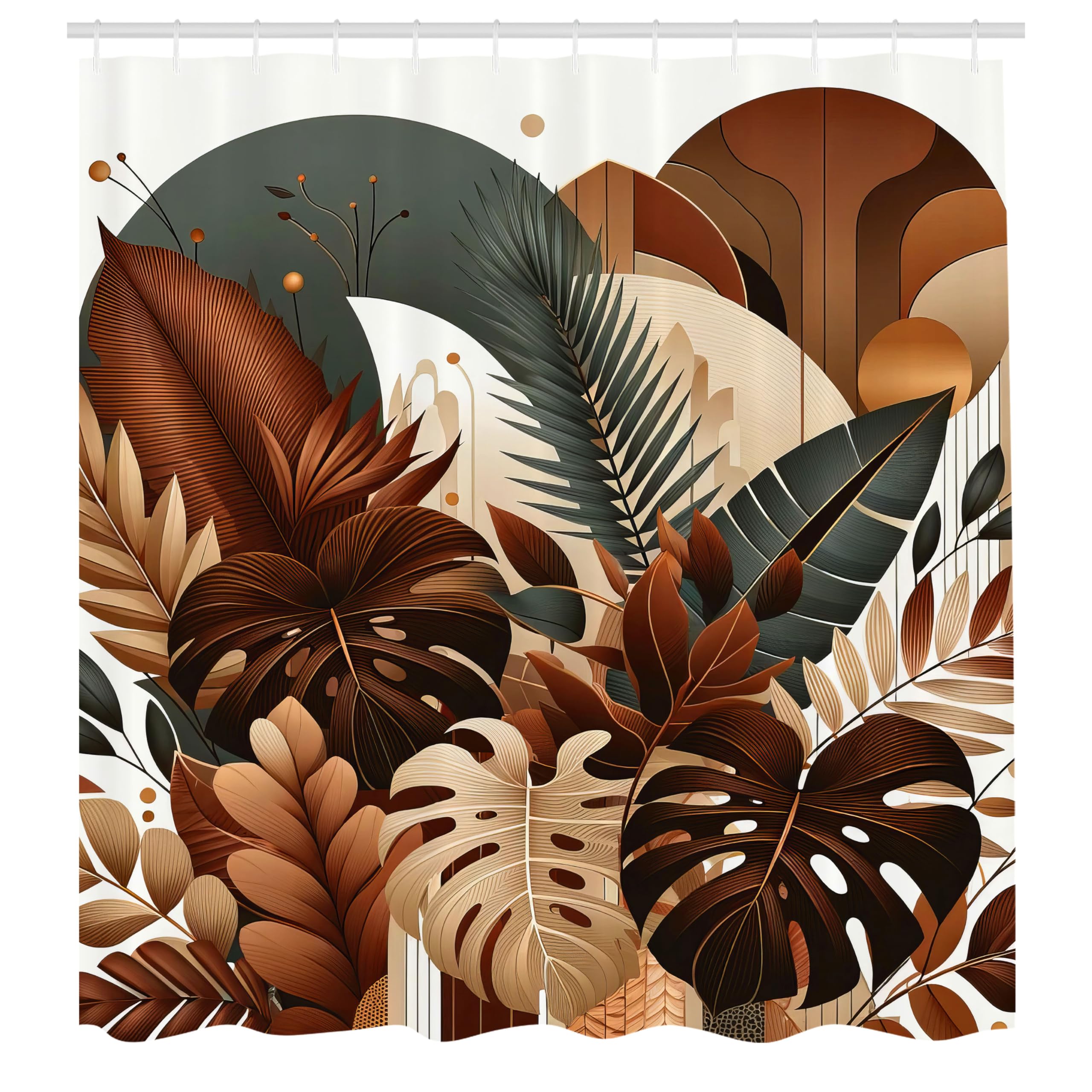 Ambesonne Brown Shower Curtain, Earthy Jungle Exotic Leaves On Mid Century Modern Circles Vintage Botany, Cloth Fabric Bathroom