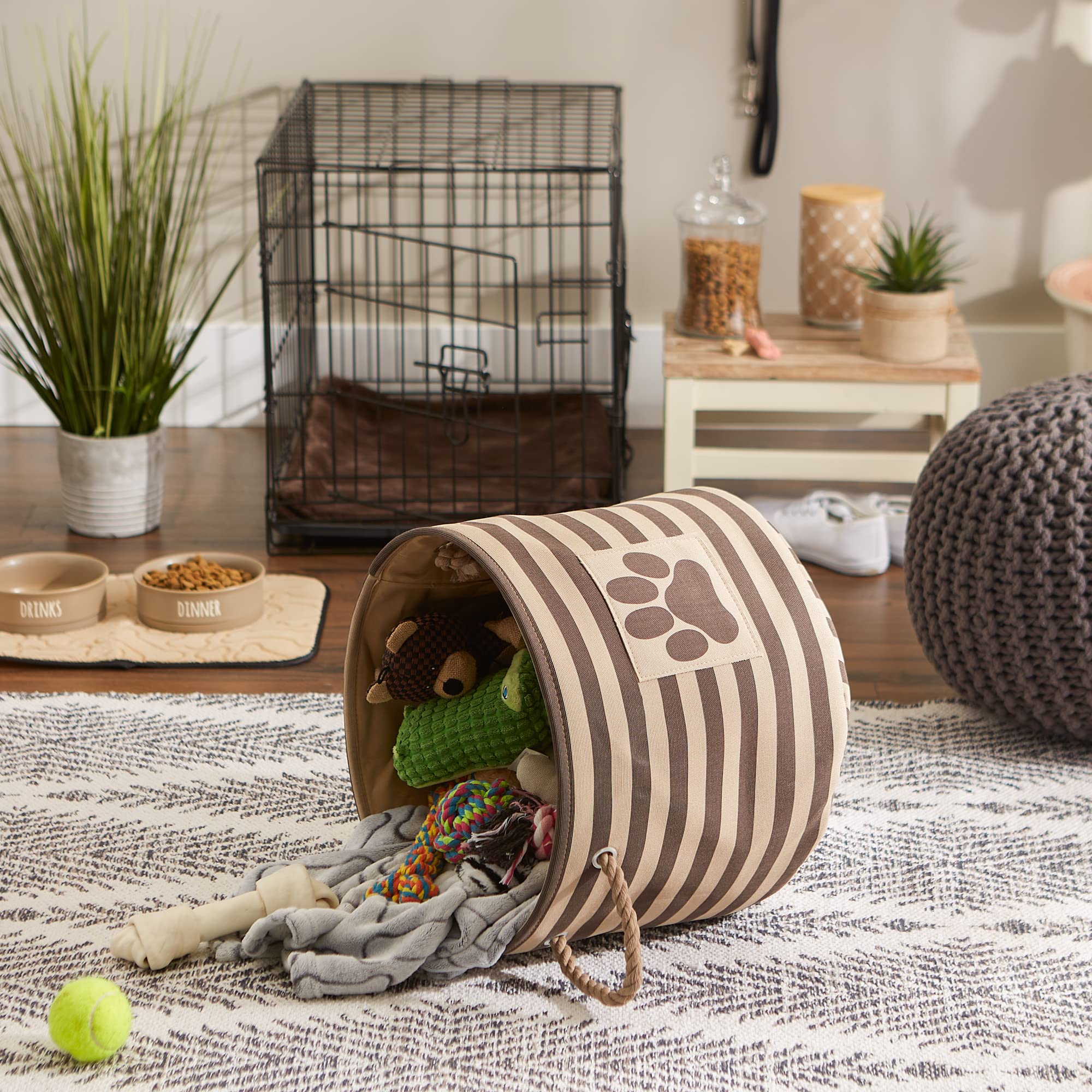 Bone Dry Pet Storage Collection Striped Paw Patch Bin  Medium Round  Brown