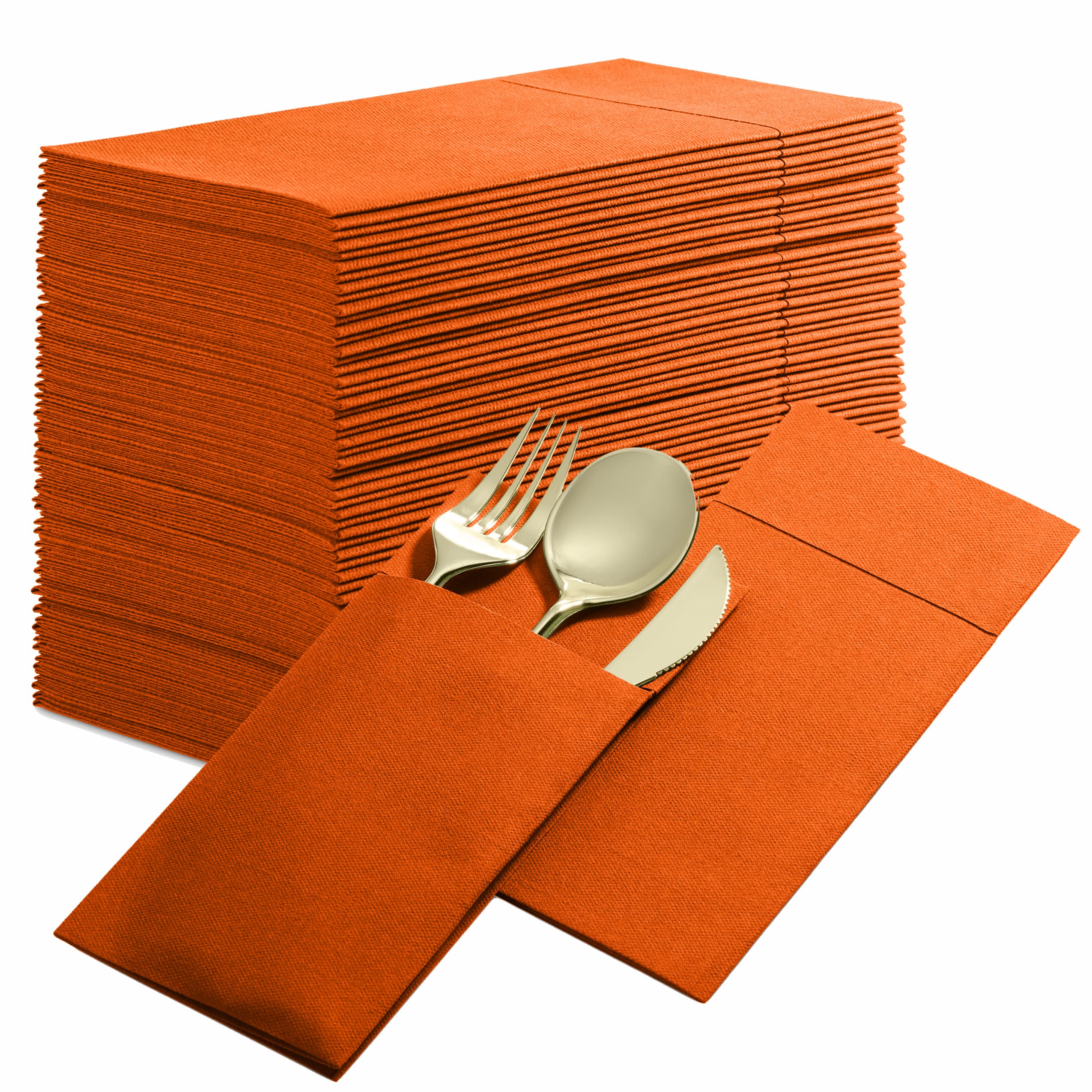 Disposable Linen-Feel Dinner Napkins With Built-In Flatware Pocket, 50-Pack Orange Prefolded Cloth Like Paper Napkins For Dinner
