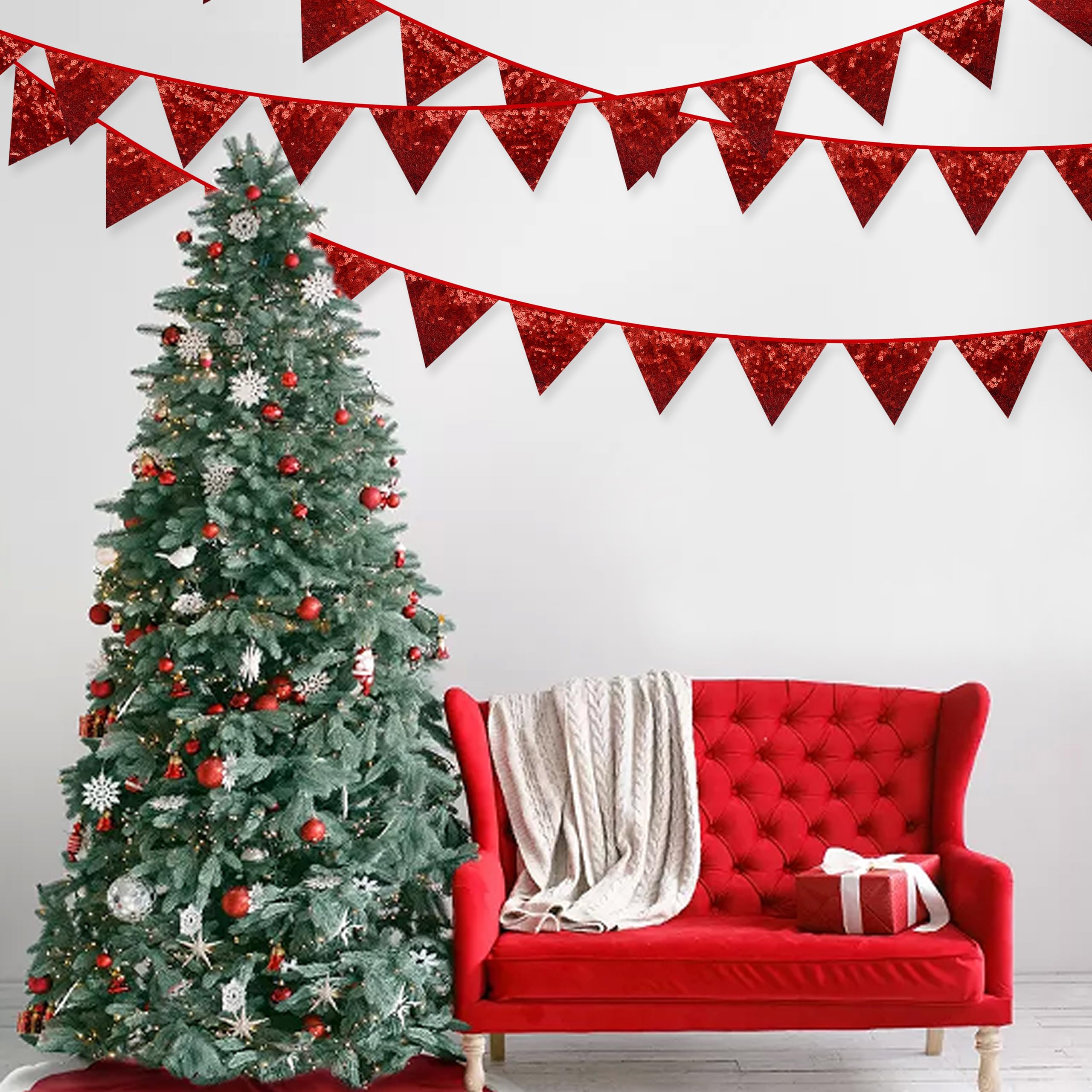Pinkblume Red Decorations Double Sided Red Sequin Fabric Triangle Pennant Banner Flag Bunting Garland For Red Theme Nursery Clas