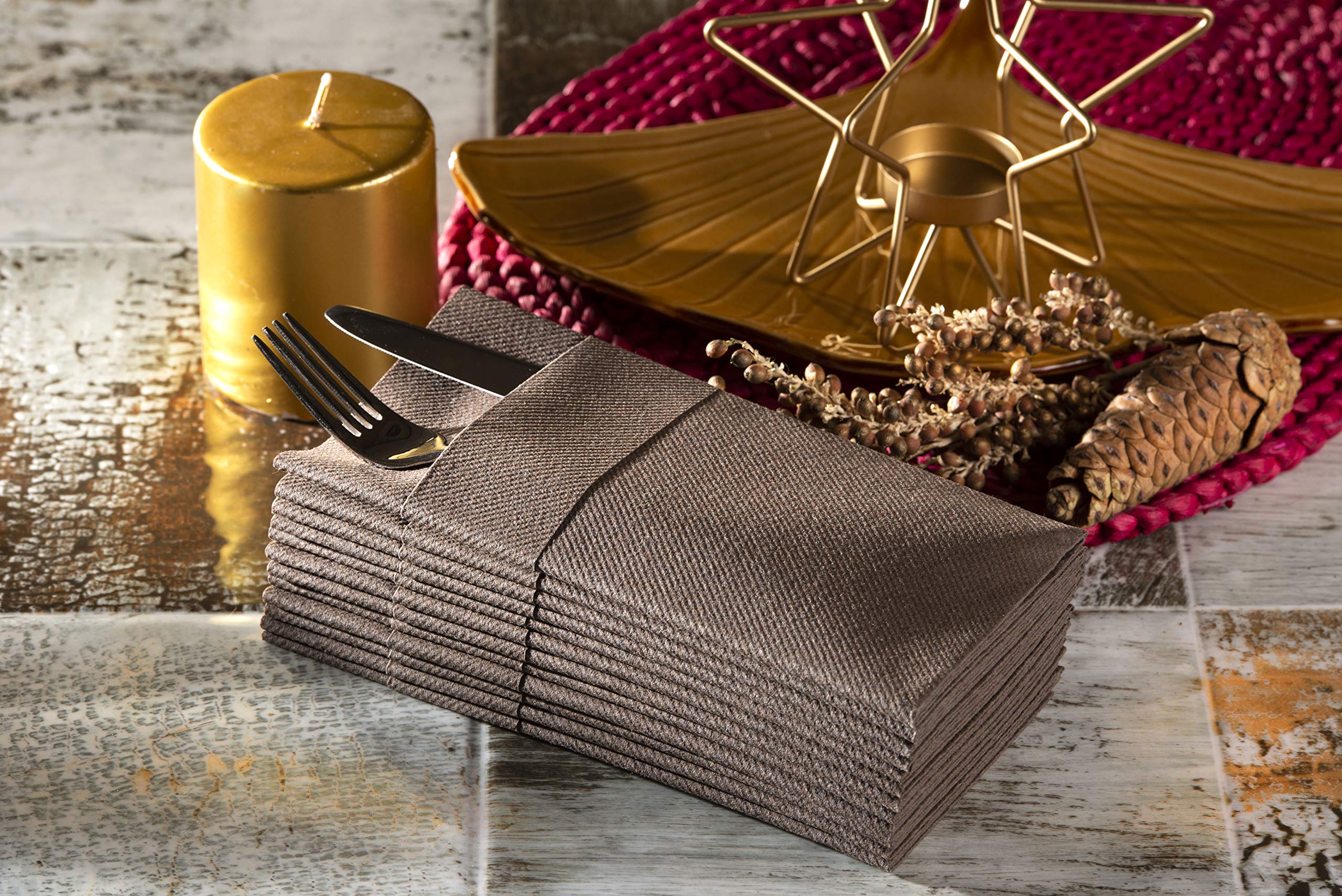 Brown Dinner Napkins Cloth Like with Built-in Flatware Pocket  Linen-Feel Absorbent Disposable Paper Hand Napkins for Kitchen  Bathroom  Parties  Weddings  Dinners or Events  1/8 Fold  Pack of 50
