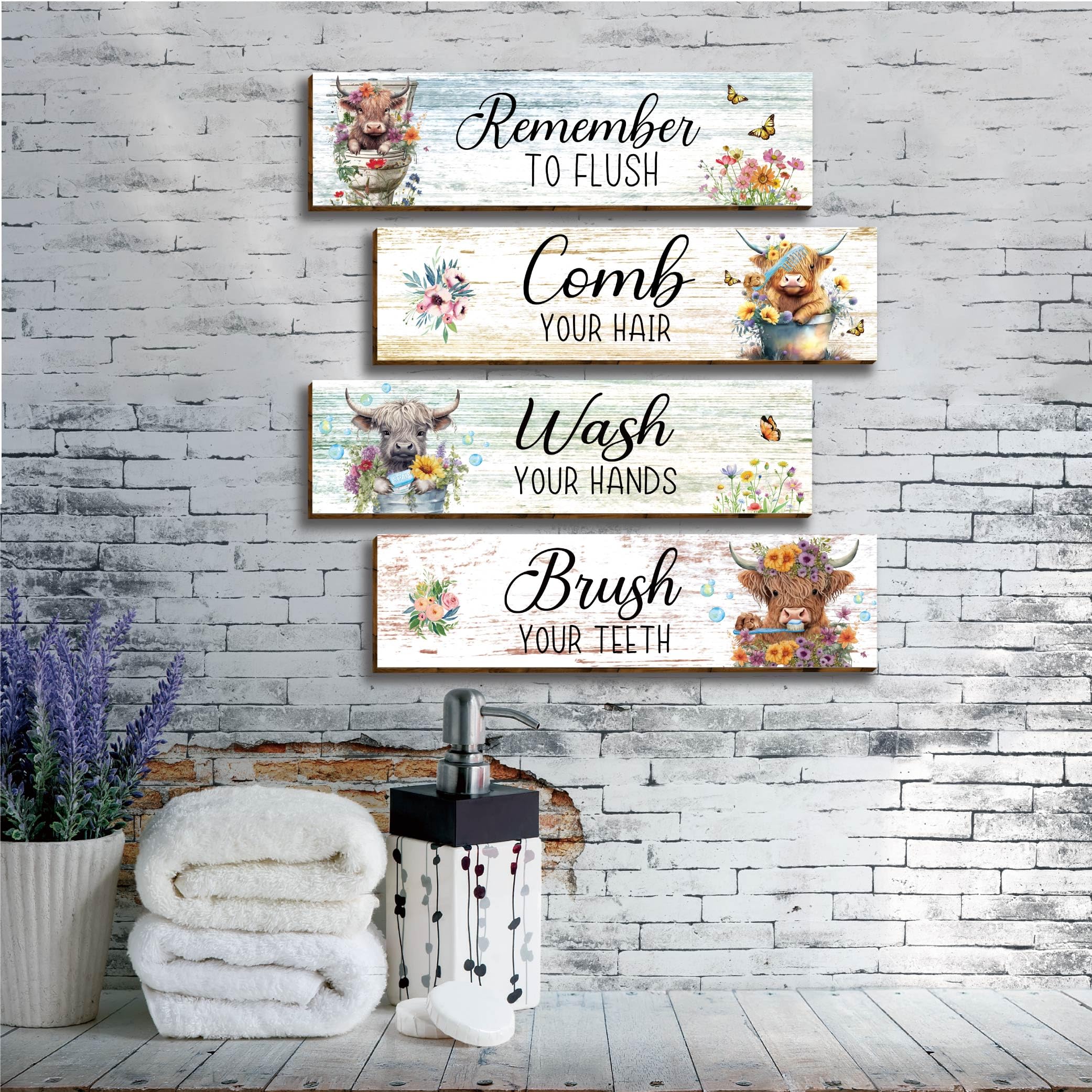 Vagafilla 4-Piece Highland Cow Bathroom Wall Decor - Rustic Wooden Farmhouse Wall Art - Perfect for Bedroom, Bathroom, Living Ro