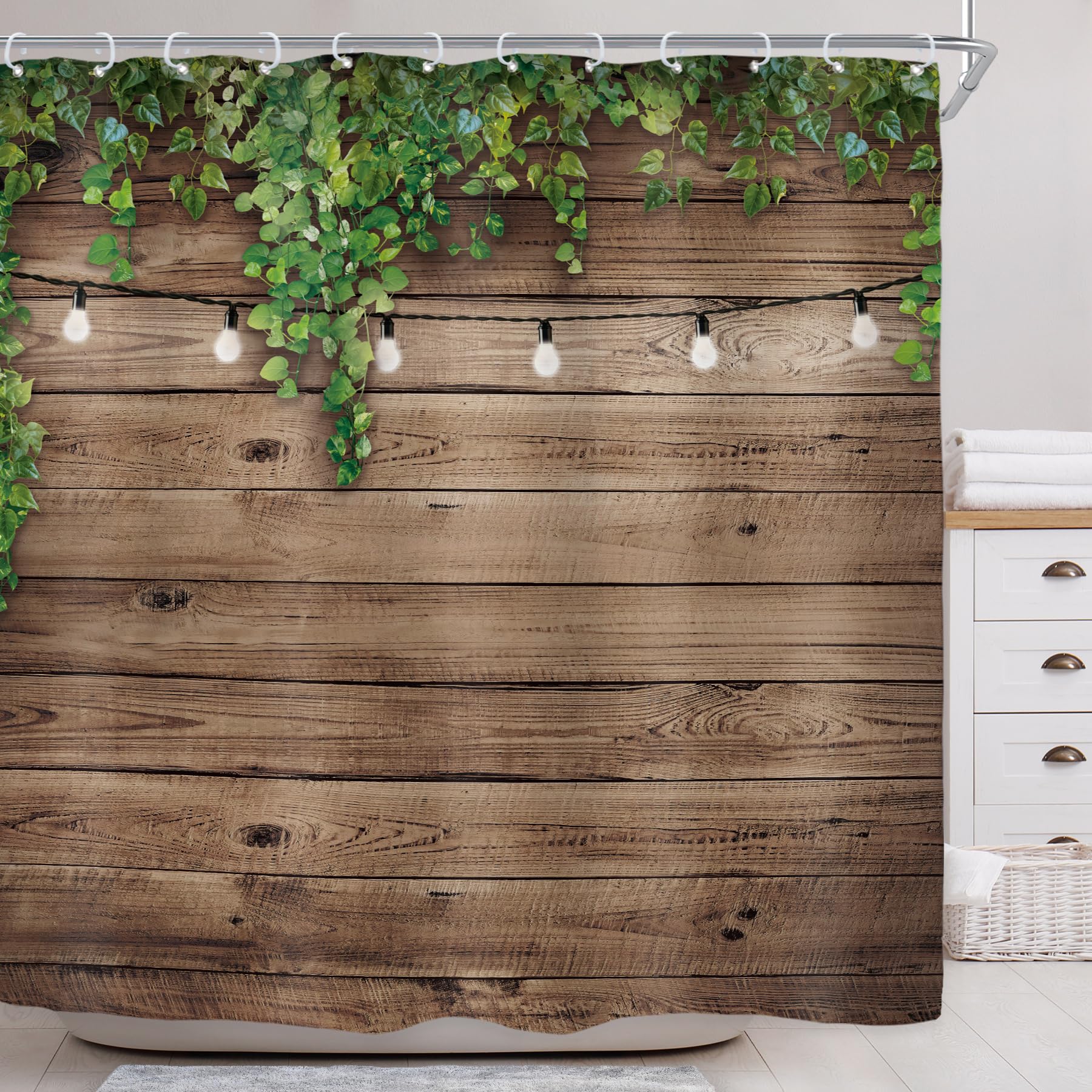 Riyidecor Extra Wide Wooden Clawfoot Tub Fabric Shower Curtain 108Wx72H Inch Rustic Wood Green Leaves 18 Pack Metal Hooks Western Farmhouse Brown Wall Board Bathroom Home Decor Waterproof Polyester