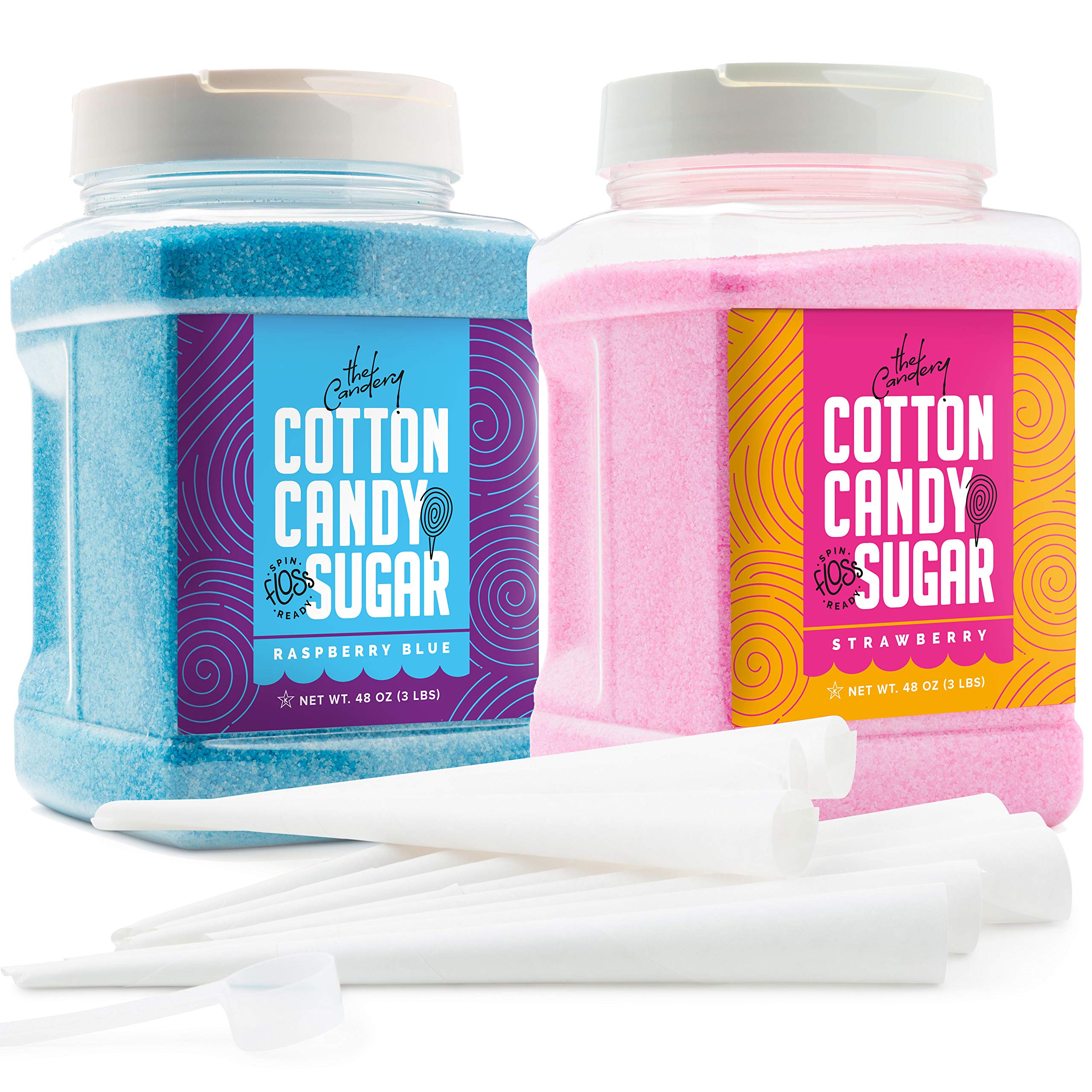 The Candery Cotton Candy Floss Sugar (2-Pack) Includes 100 Premium Cones | Raspberry Blue And Strawberry | Plastic, Reusable Jar