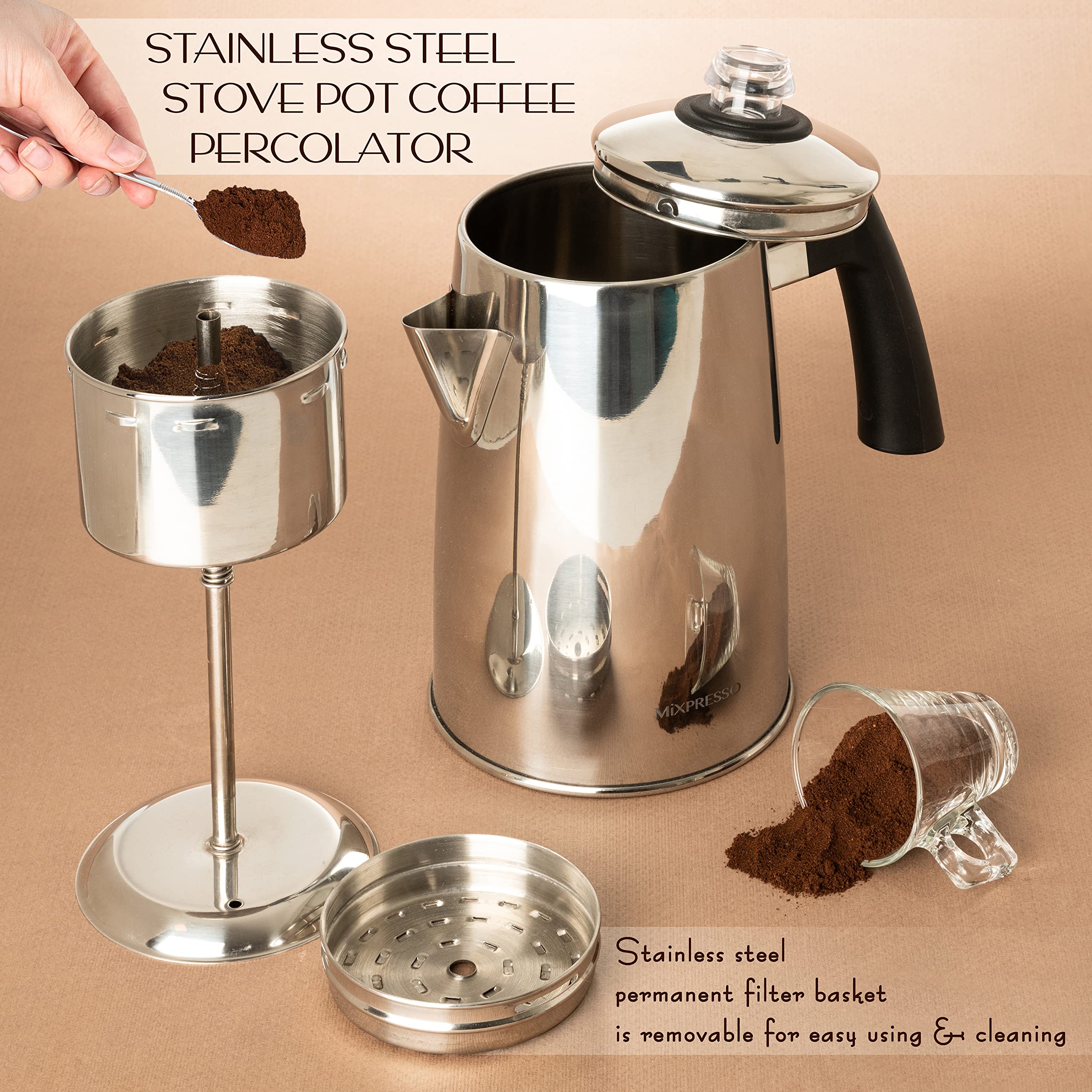 Mixpresso Stainless Steel Stovetop Coffee Percolator, Percolator Coffee Pot, Excellent As Camping Coffee Pot, 52 Oz 12 Cup Stain