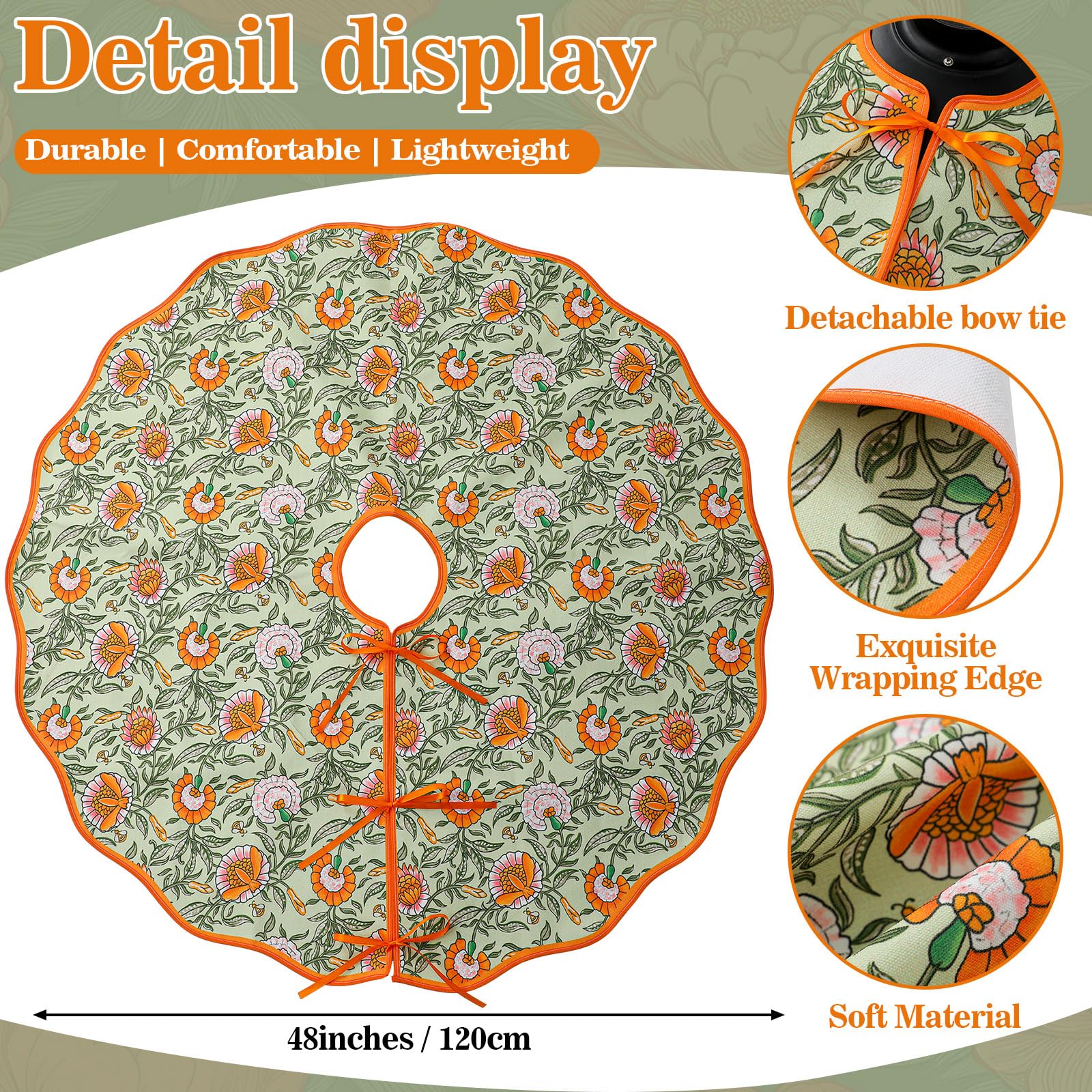 Soaoo 48 Inches Christmas Tree Skirt Floral Block Print Xmas Tree Skirt Cotton Seasonal Holiday Decorations for Home Indoor Part