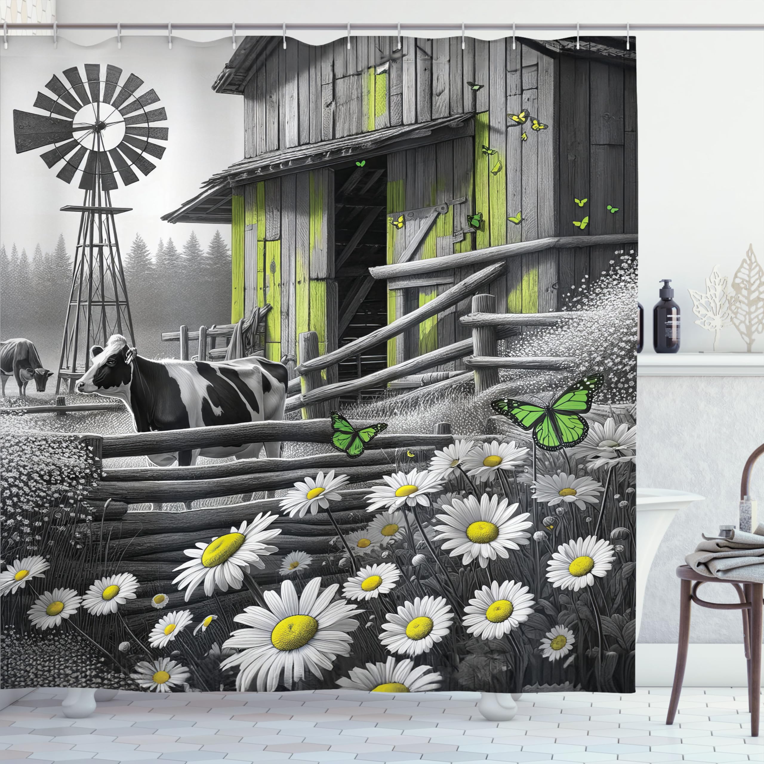 Ambesonne Farmhouse Shower Curtain, Black And White Effect Barn With Cow And Butterflies Farm Life Windmill, Cloth Fabric Bathro