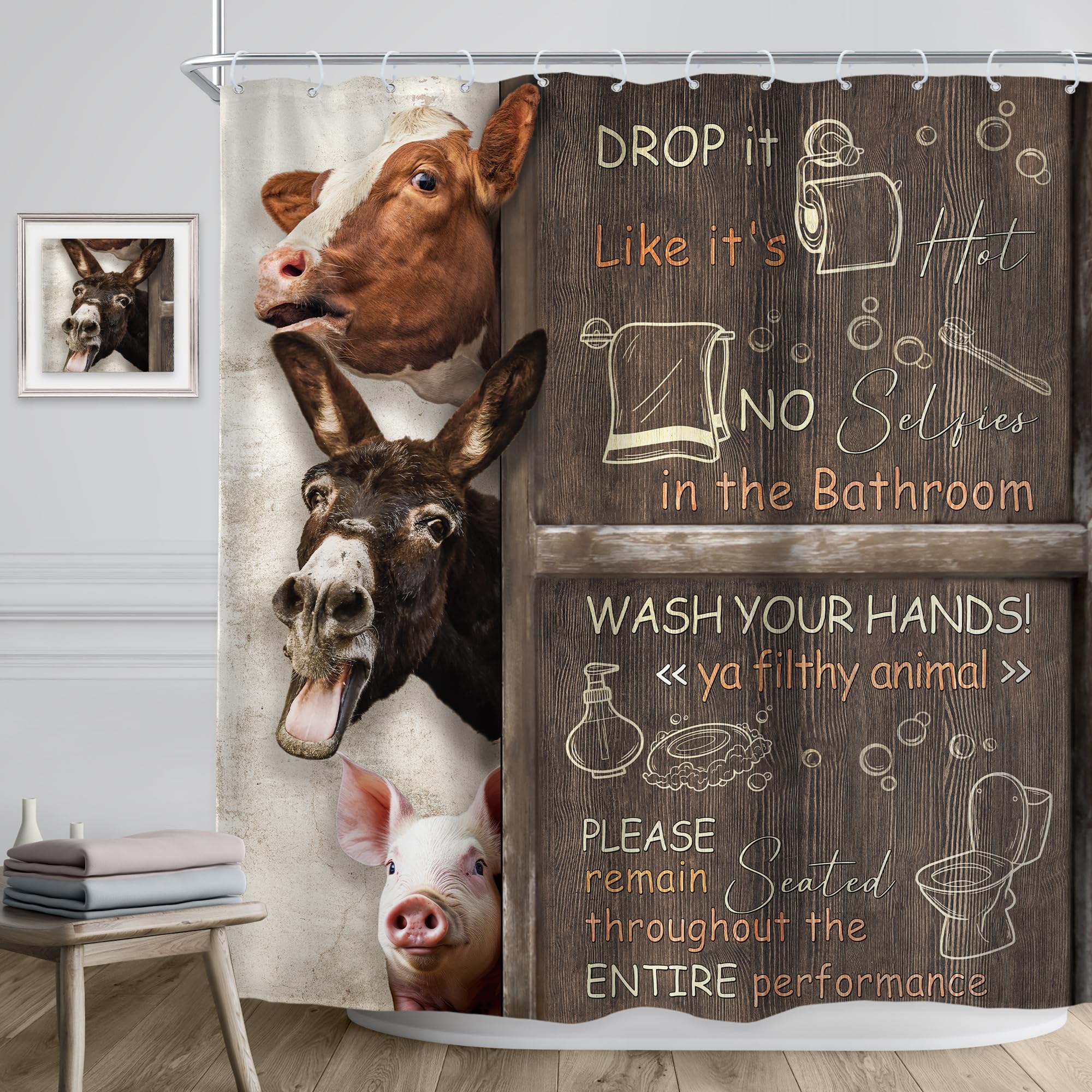 Riyidecor Funny Cow Shower Curtain 72Wx72H Inch Bathroom Rules Farmhouse Animal Donkey Pig Rustic Wooden Board Wildlife Country
