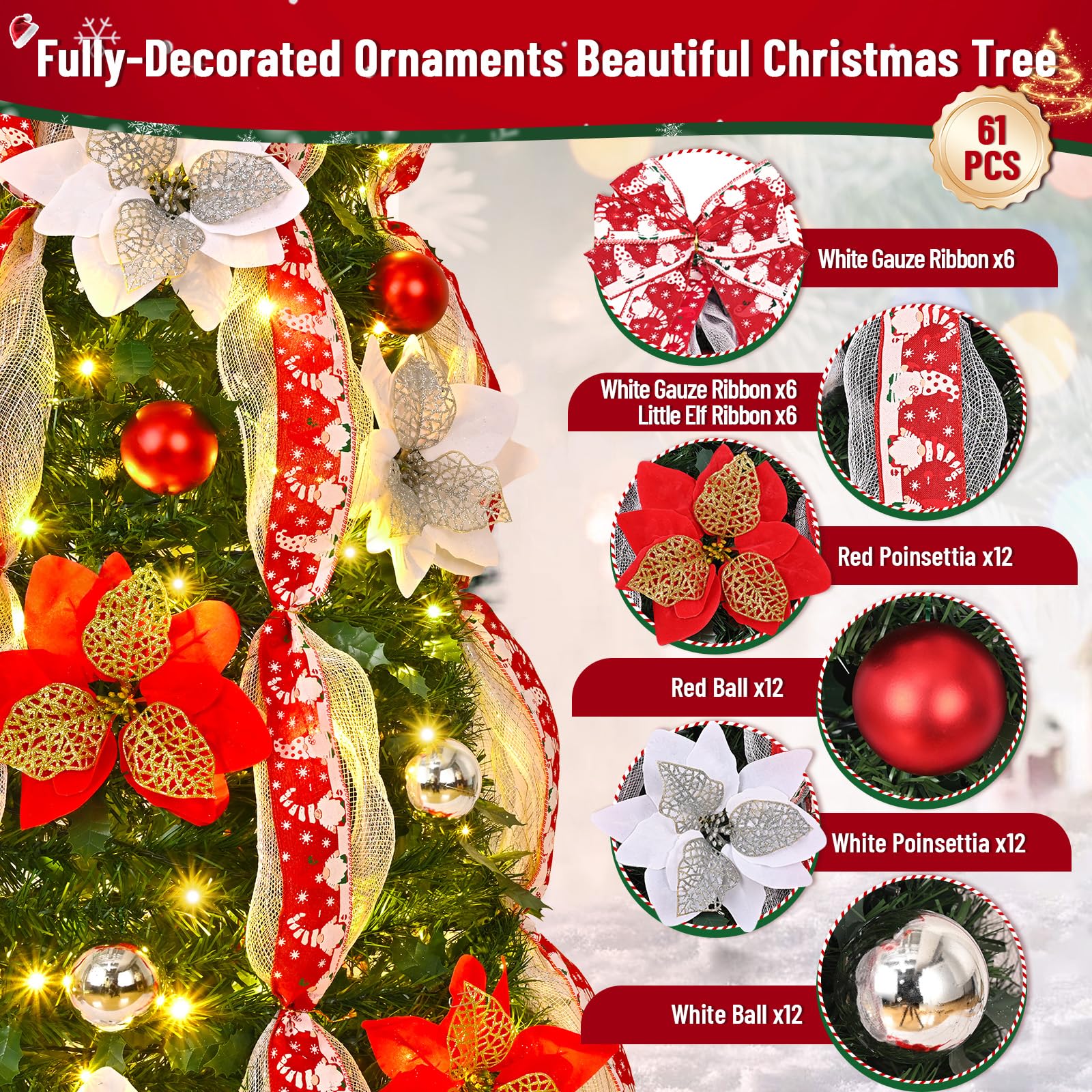 MARTINE MALL 6FT Pre-Lit Pre-Decorated Pop Up Christmas Tree with 200 Lights & Remote, Artificial Collapsible Foldable Christmas