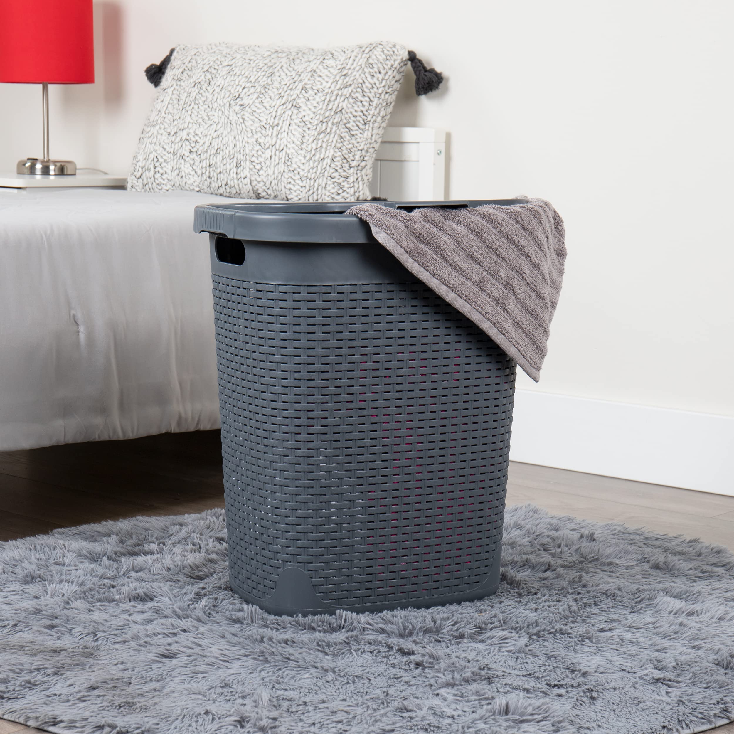 Mind Reader 50L Slim Laundry Hamper, Set Of 2, Clothes Basket, Lid, Wicker Design, Plastic, 17.65''L X 13.75''W X 21''H, Gray