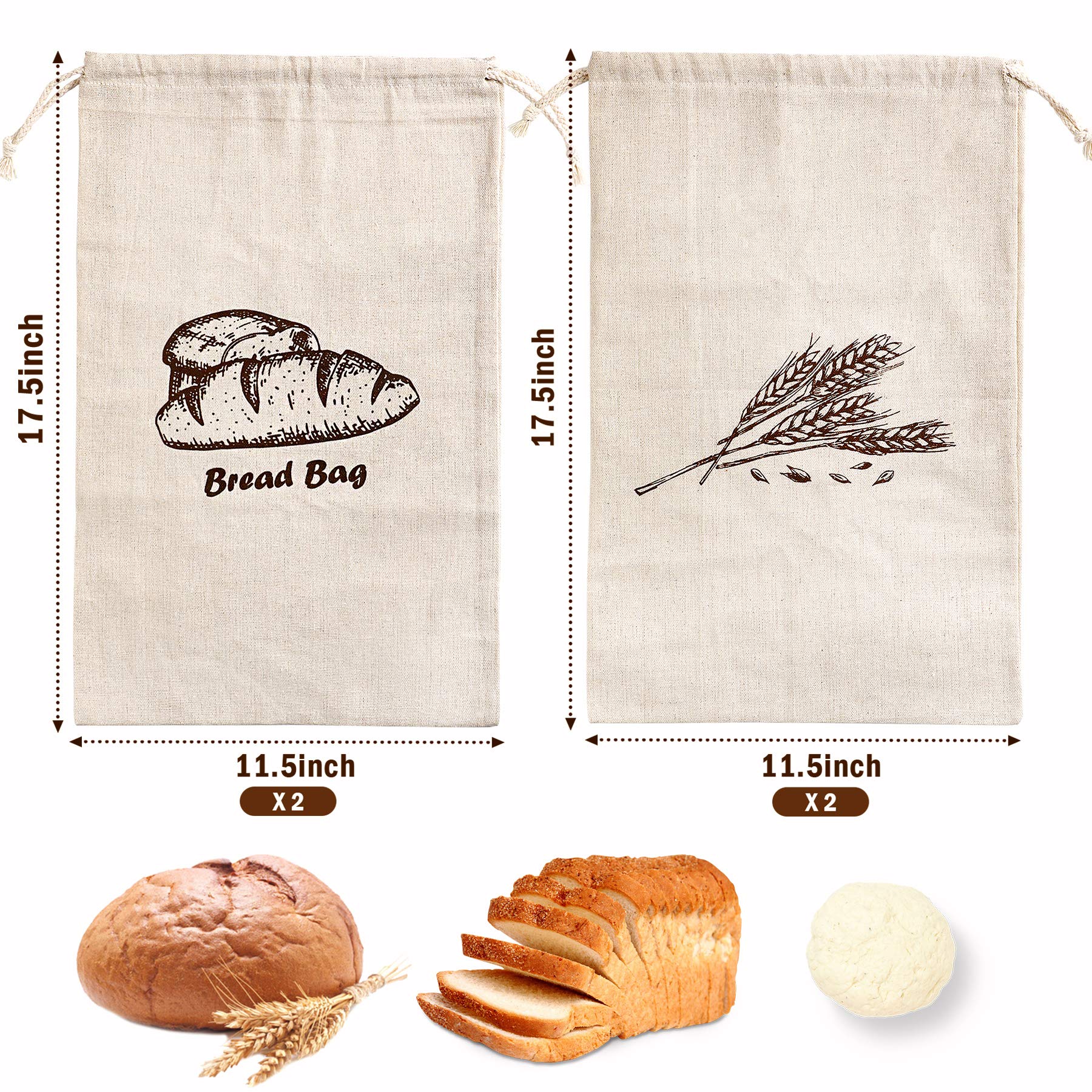 Augshy Linen Bread Bags - Reusable Unbleached Storage for Artisan Bread, 4 Pcs, 17.5"x11.5", Green, Model 1833-5329