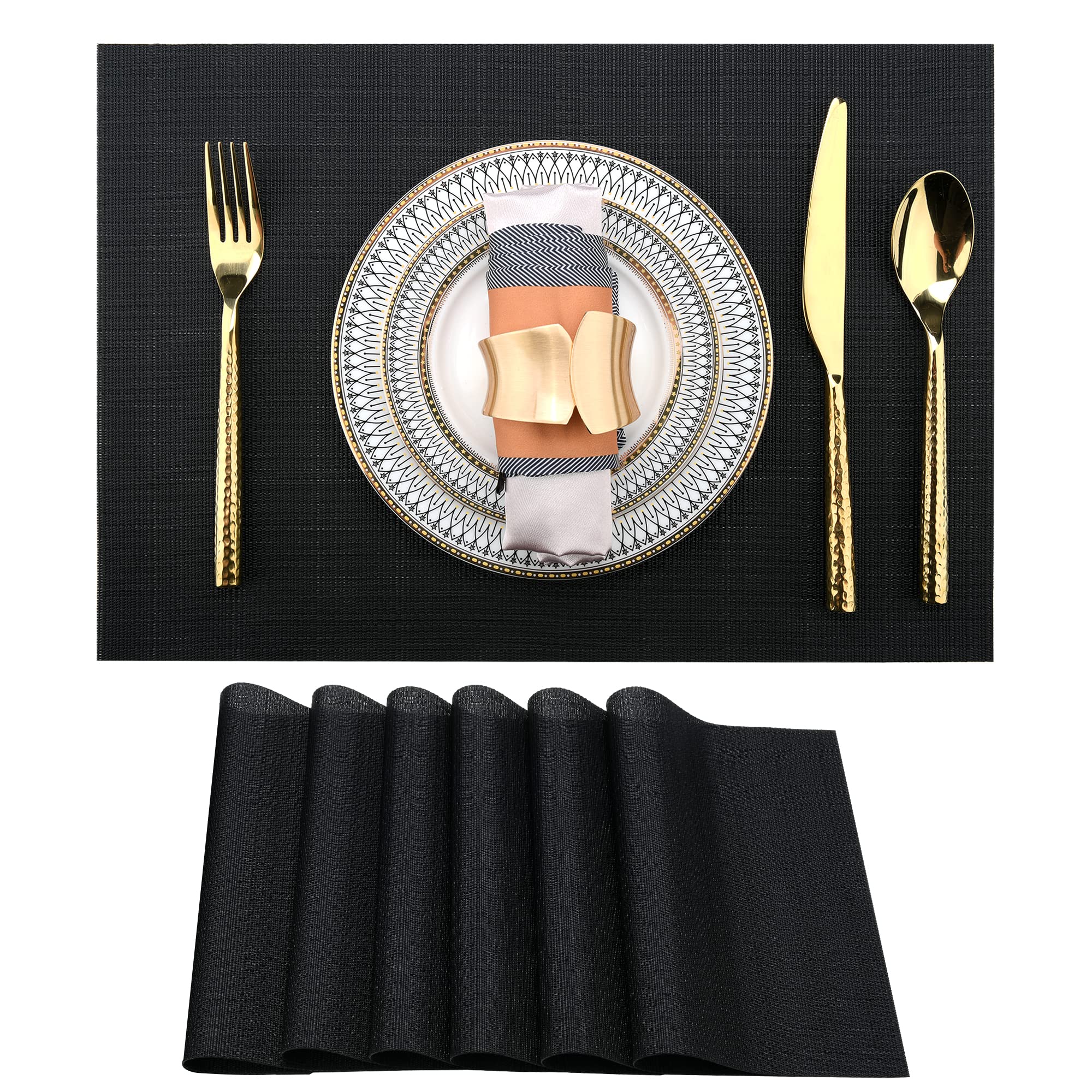 Slkqg Black Placemats Set Of 6 - Easy Clean Washable Vinyl Placemats - Wipeable Heat Proof Table Mats For Dining Table - 17X12 I