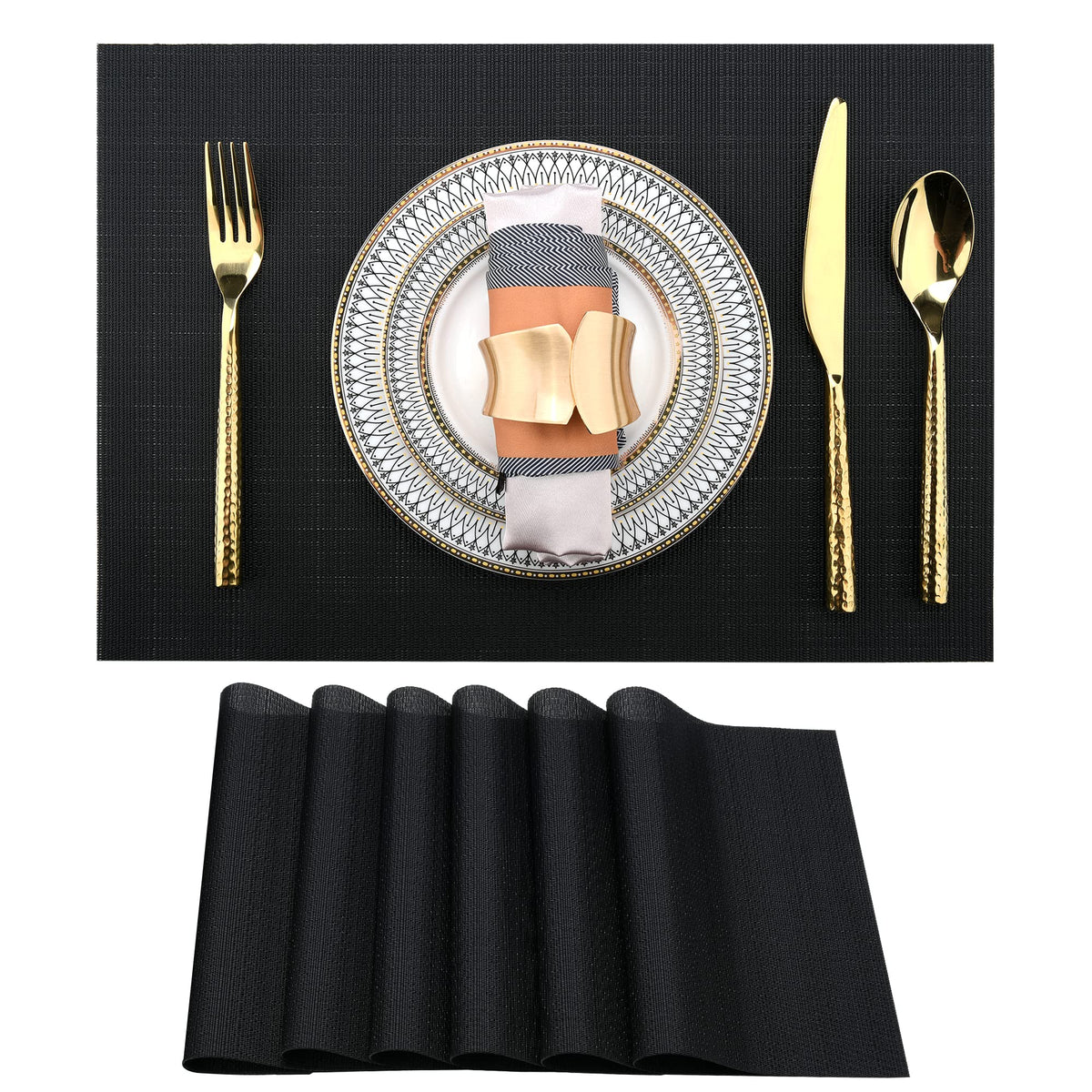 Slkqg Black Placemats Set Of 6 - Easy Clean Washable Vinyl Placemats - Wipeable Heat Proof Table Mats For Dining Table - 17X12 I