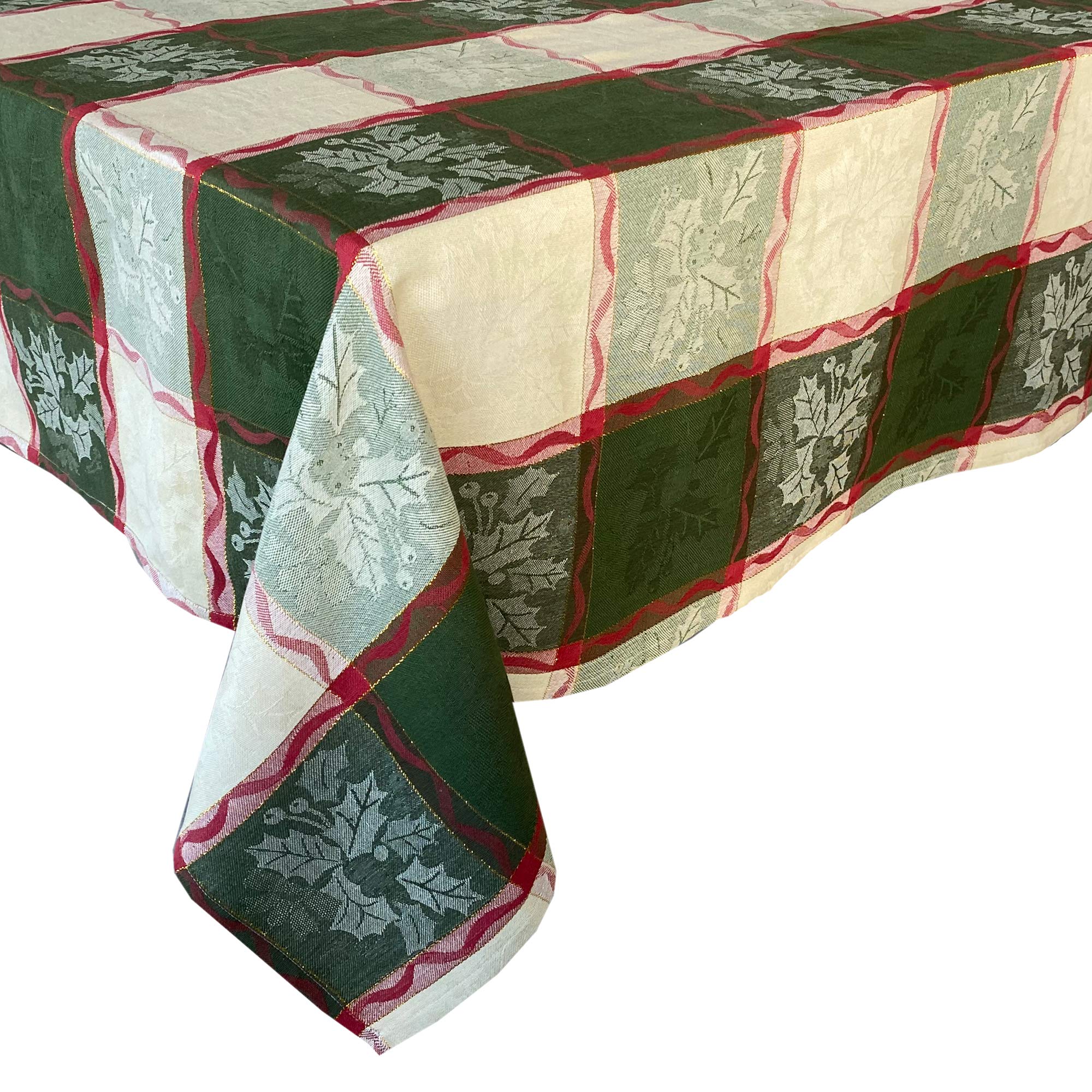 Lintex Golden Mistletoe And Ribbon Cotton Jacquard Christmas Fabric Tablecloth, Evergreen, Red Ribbon And Berry Woven Holiday An