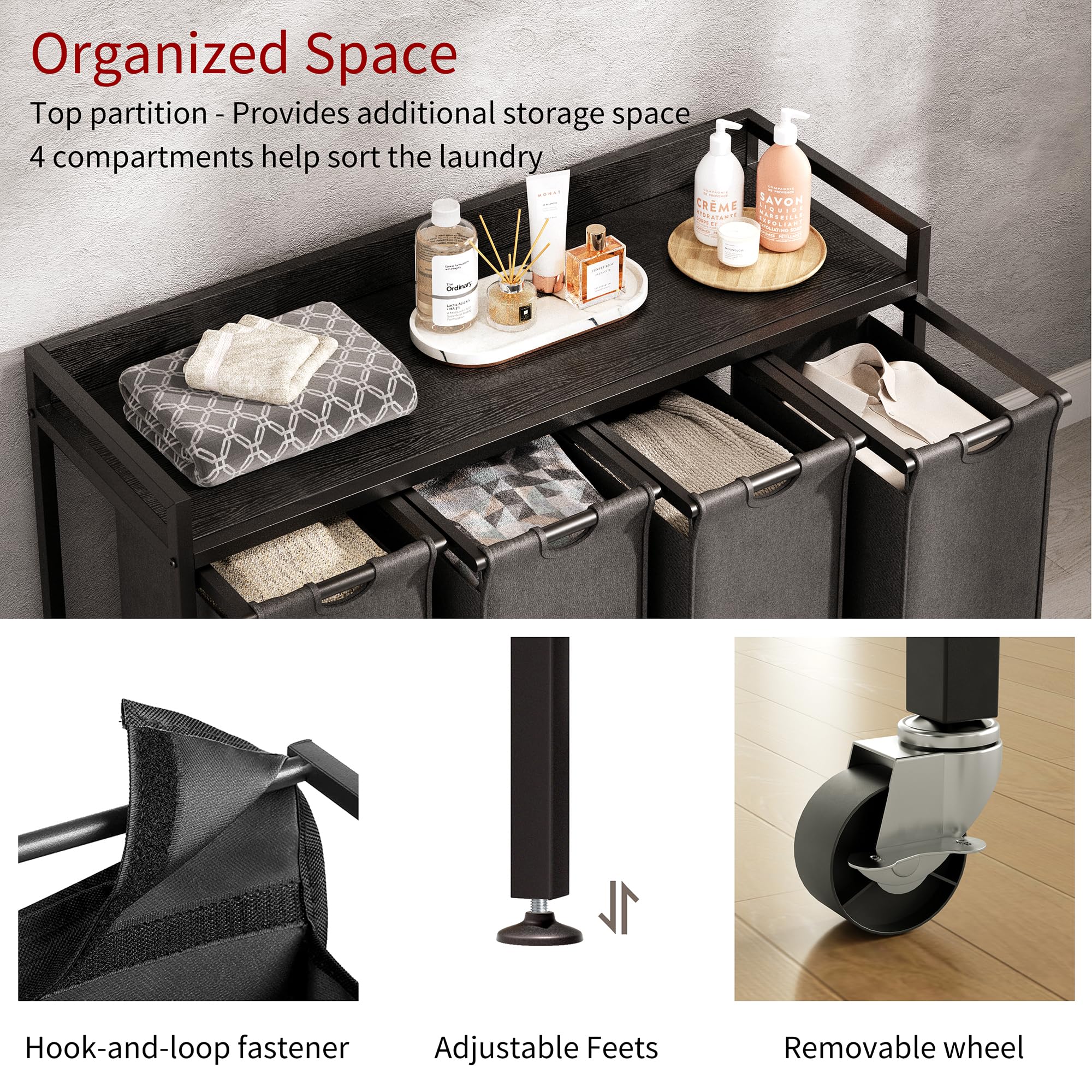 Herture Laundry Hamper With Shelf, Laundry Basket 4 Section, Laundry Sorter With Pull-Out Removable Large Bags And Movable Wheel