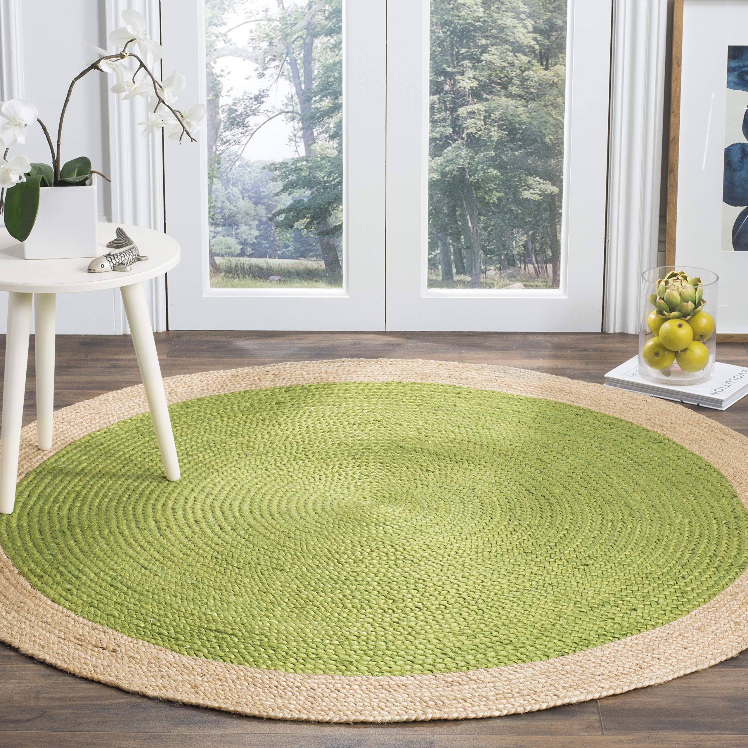 SAFAVIEH Natural Fiber Round Collection 5 Round Green NF801G Handmade Boho Braided Jute Area Rug